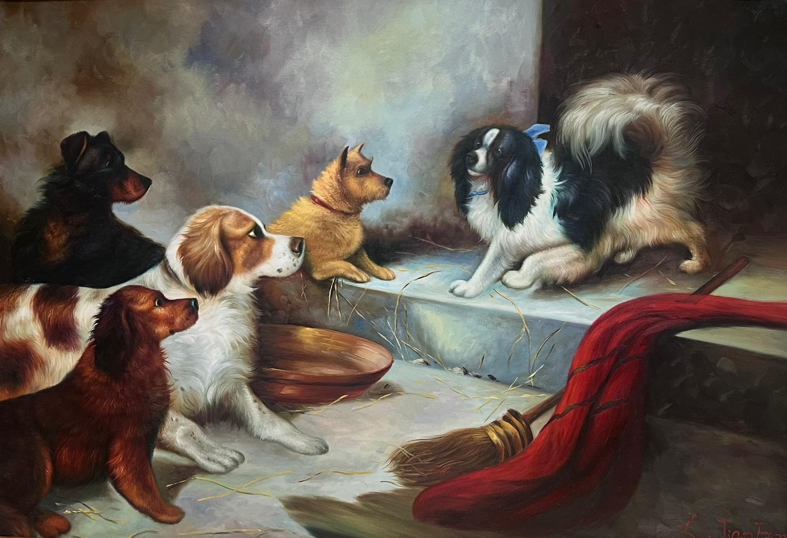 The Intruder
British School, 20th century
oil on canvas, framed in expansive and elaborate swept gilt frame
framed: 35 x 47 inches
canvas: 25 x 29 inches
provenance: private collection, England 
condition: very good and sound condition