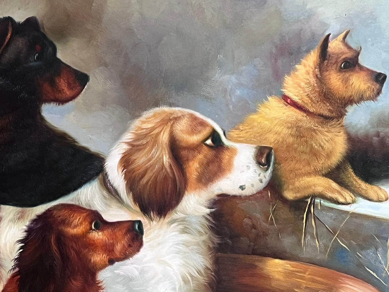 Large British Oil Painting Gathering of Dogs in Barn Interior Huge Gilt Frame 5