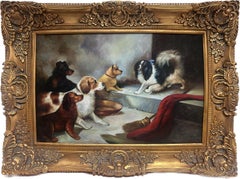 Large British Oil Painting Gathering of Dogs in Barn Interior Huge Gilt Frame