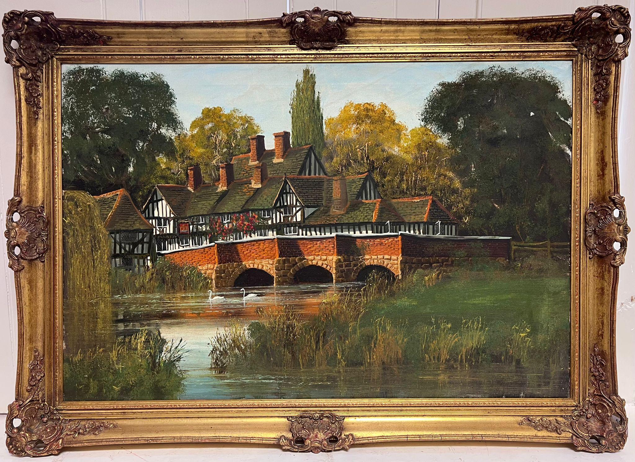 Large Old Tudor Coaching Inn by River Landscape & Swans Very Large English Oil - Painting by British School