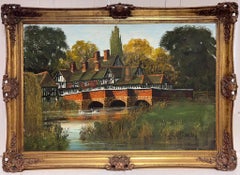 Large Old Tudor Coaching Inn by River Landscape & Swans Very Large English Oil