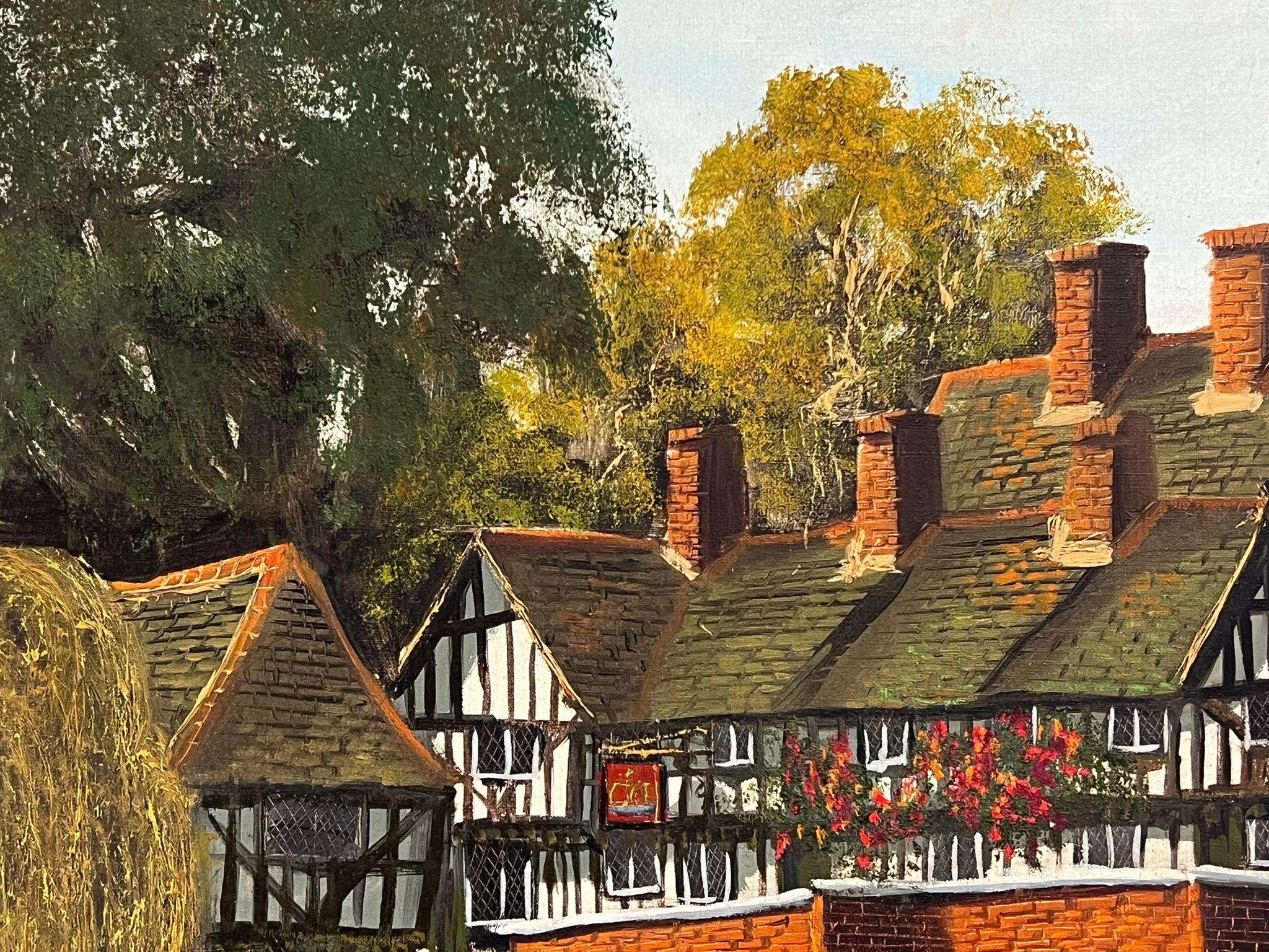 Large Old Tudor Coaching Inn by River Landscape & Swans Very Large English Oil - Victorian Painting by British School