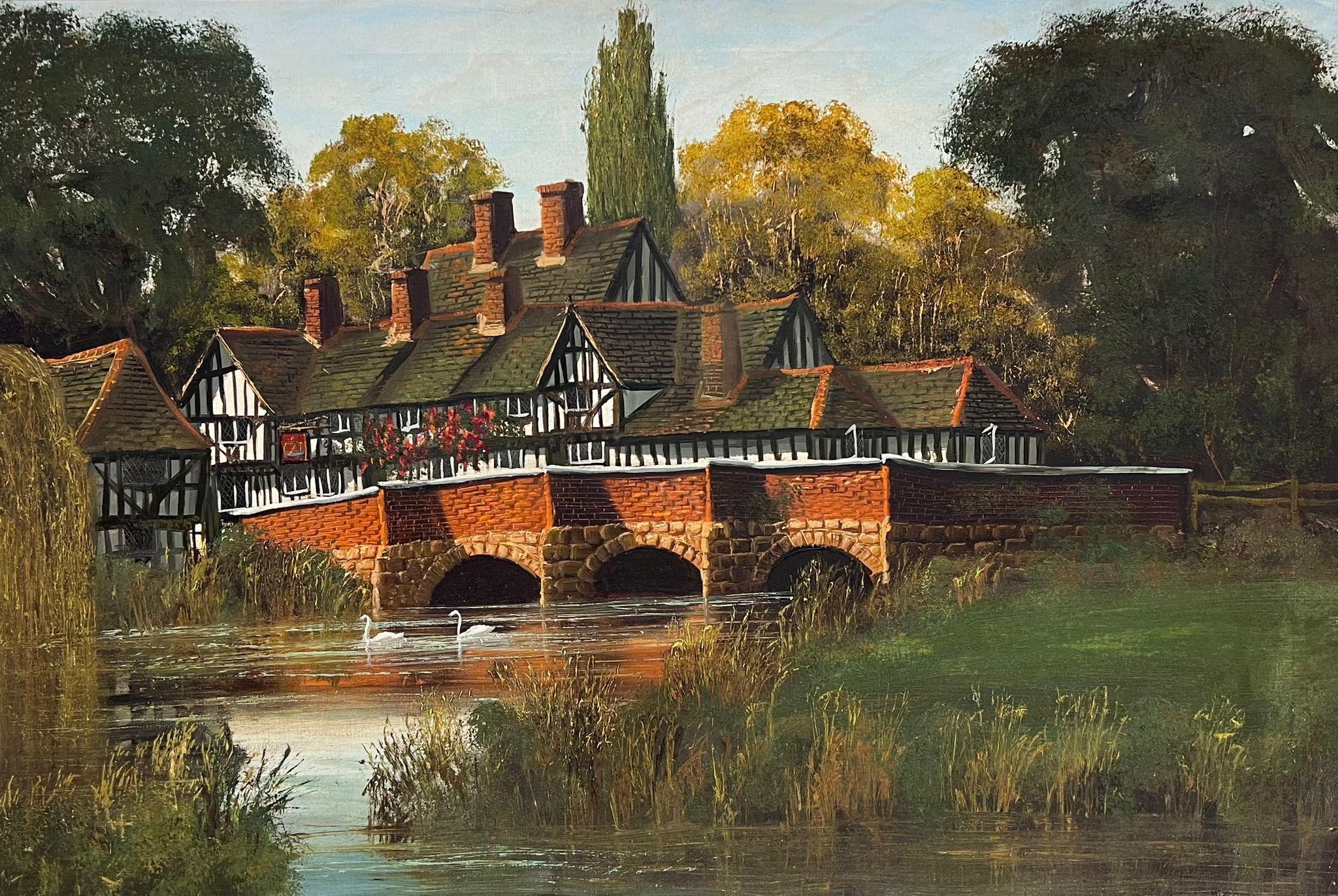 British School Landscape Painting - Large Old Tudor Coaching Inn by River Landscape & Swans Very Large English Oil