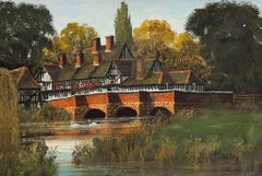 Large Old Tudor Coaching Inn by River Landscape & Swans Very Large English Oil
