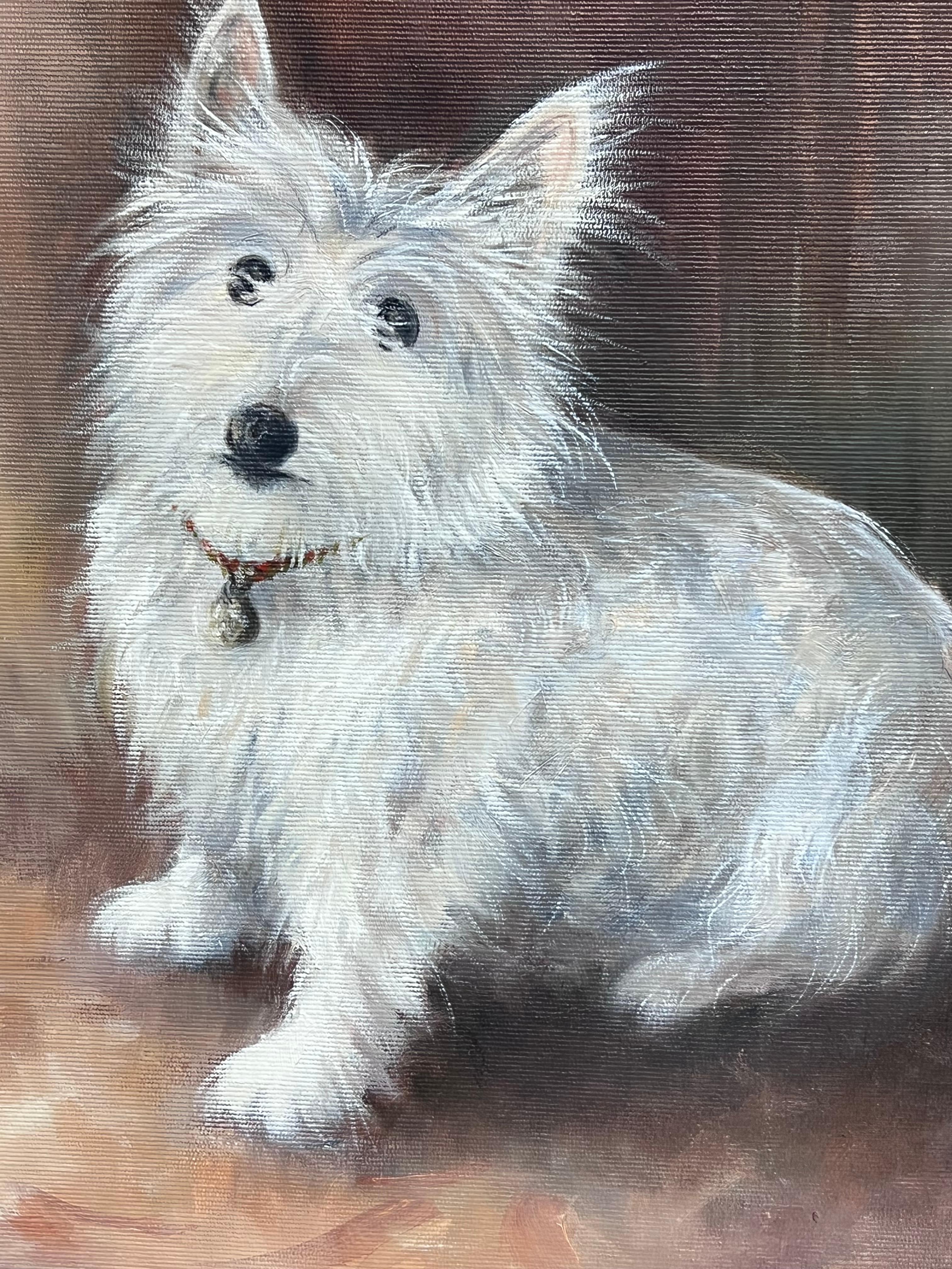 Portrait von Scruffy White West Highland Terrier Hund Signiert Englisch Ölgemälde (Englische Schule), Painting, von British School