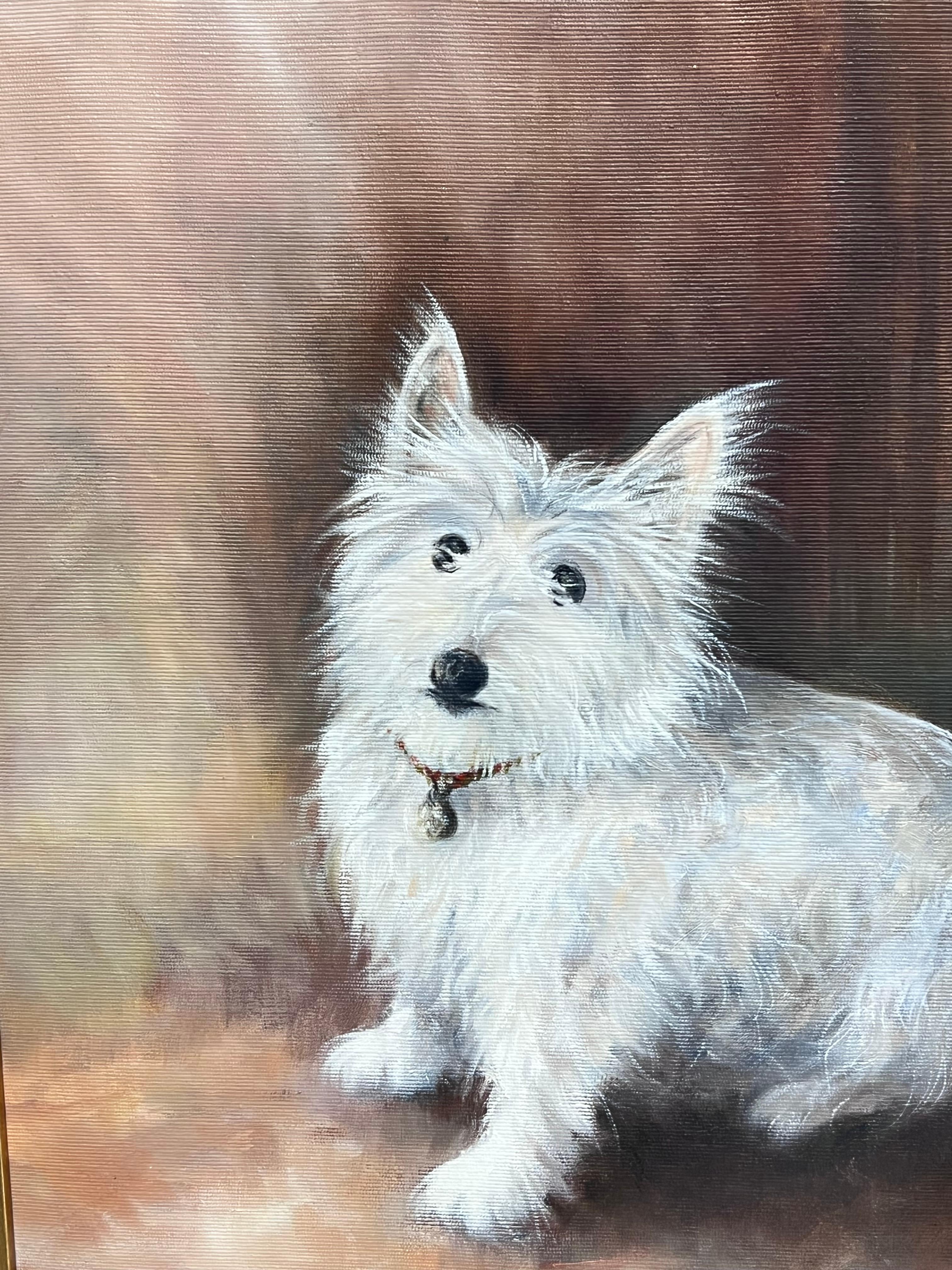 Portrait von Scruffy White West Highland Terrier Hund Signiert Englisch Ölgemälde (Braun), Animal Painting, von British School