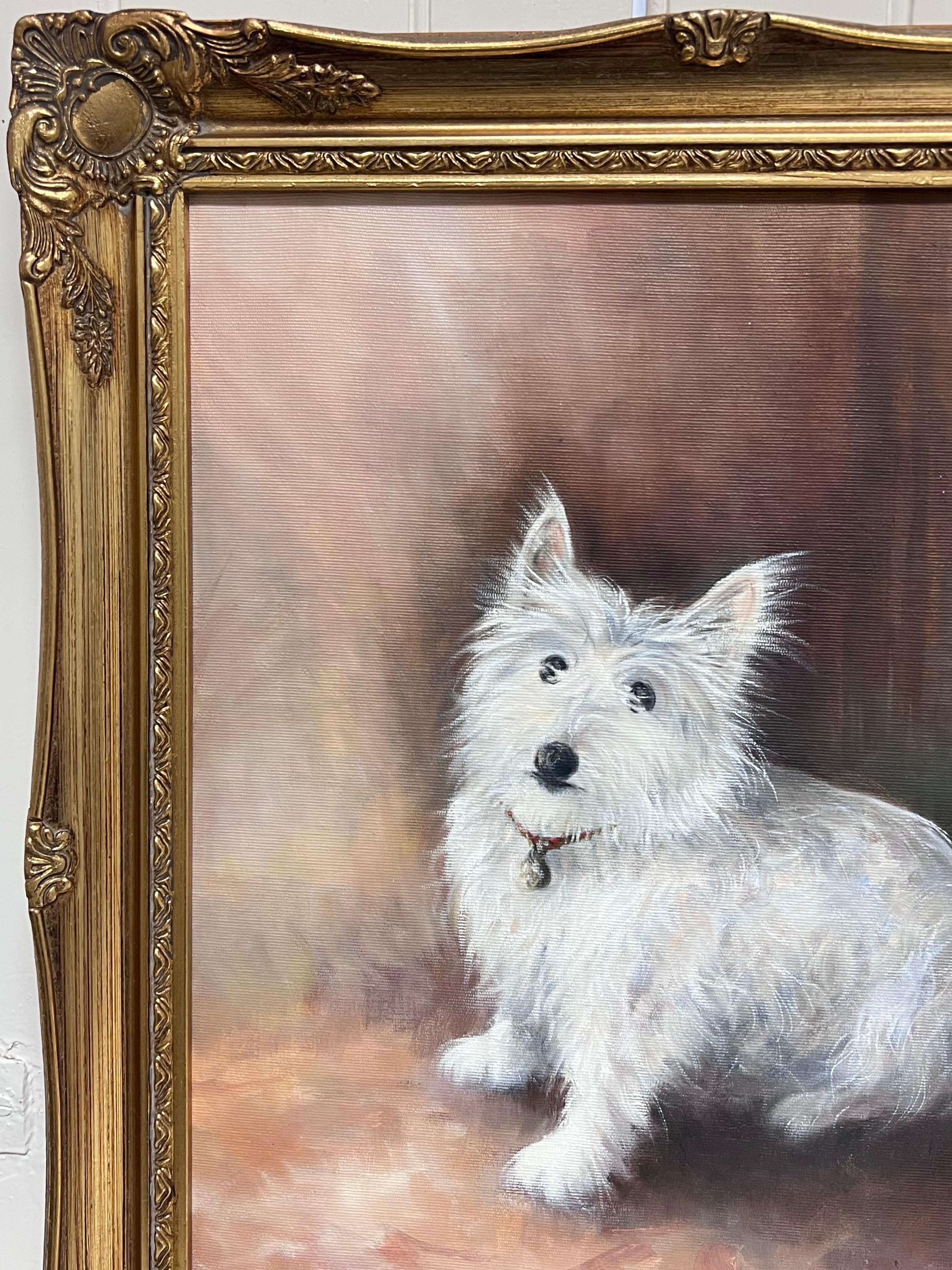 'Scampi'
Porträt eines charaktervollen weißen West Highland Terrier Hundes
British School, signiert und datiert
signiertes Öl auf Leinwand, gerahmt
Gerahmt: 22 x 17,5 Zoll
Leinwand : 18 x 14 Zoll
Provenienz: Privatsammlung, Großbritannien
Condit: