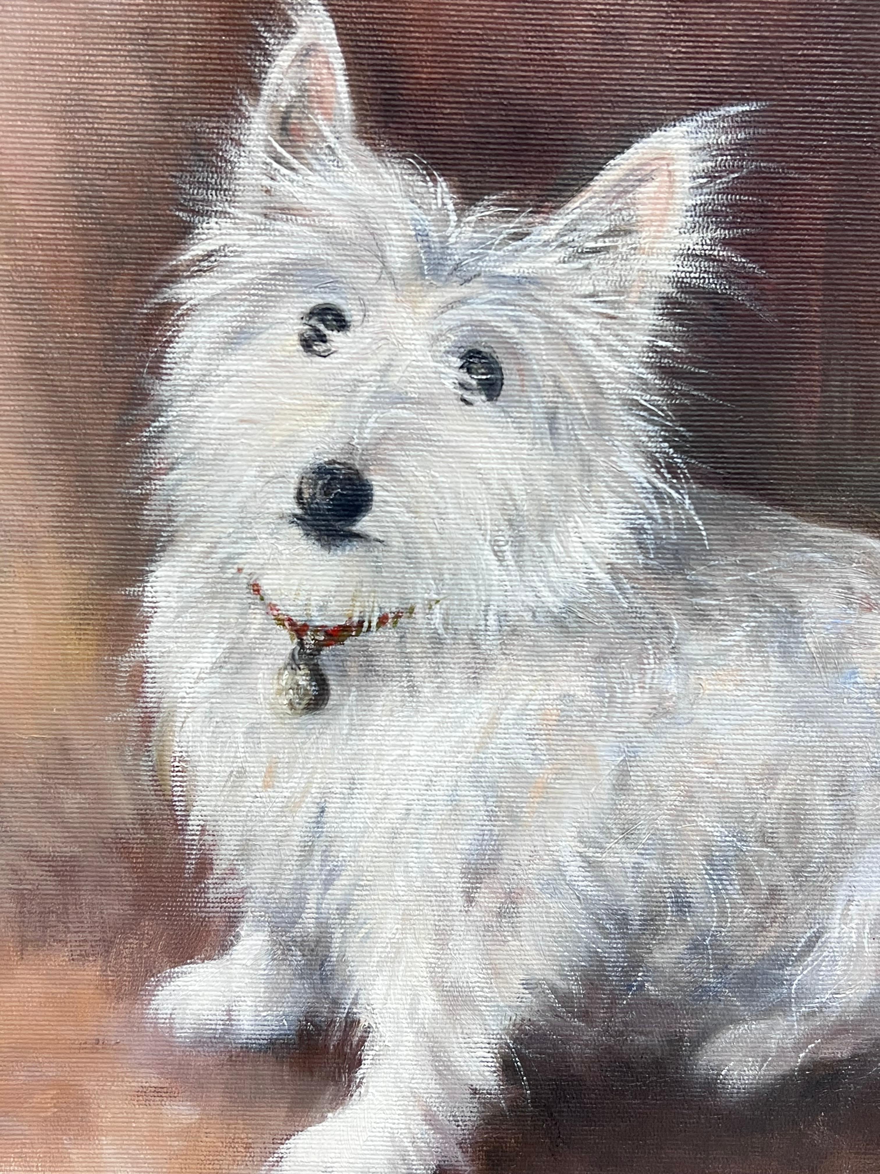 Portrait von Scruffy White West Highland Terrier Hund Signiert Englisch Ölgemälde im Angebot 3