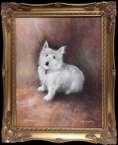Portrait von Scruffy White West Highland Terrier Hund Signiert Englisch Ölgemälde