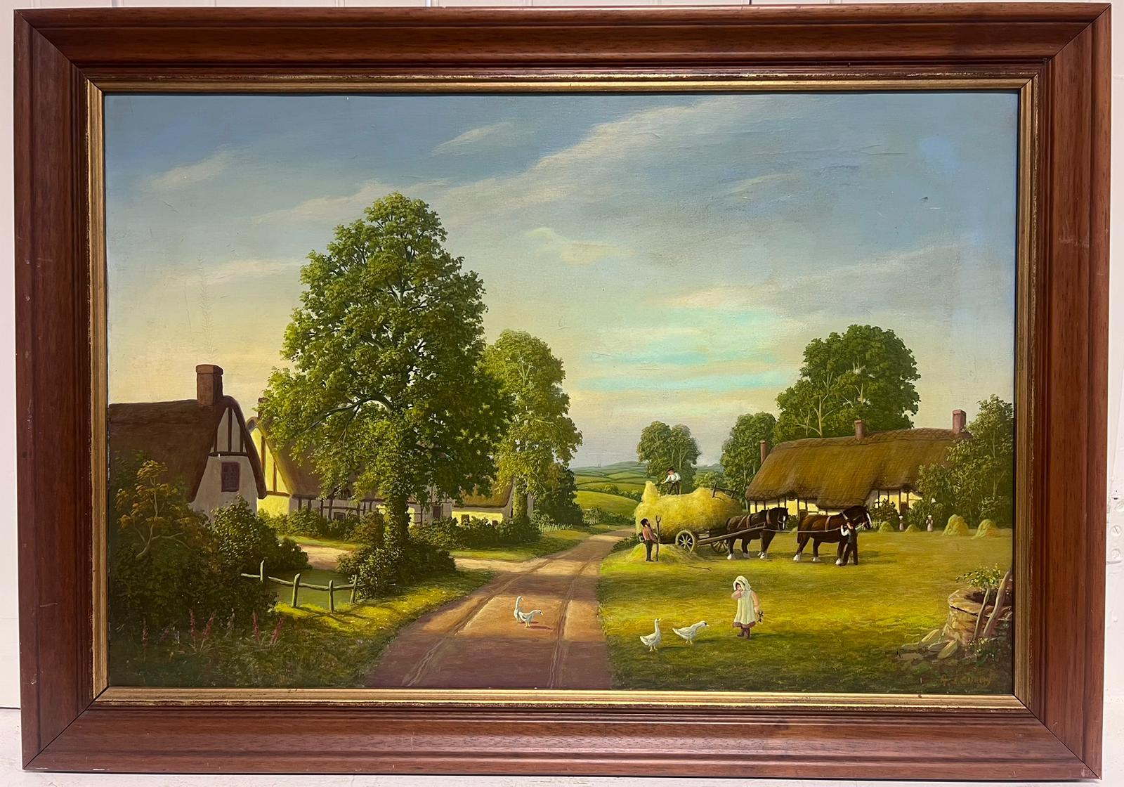 Peinture à l'huile traditionnelle rurale anglaise Vie de village Cheval et charrette et personnages - Painting de British School