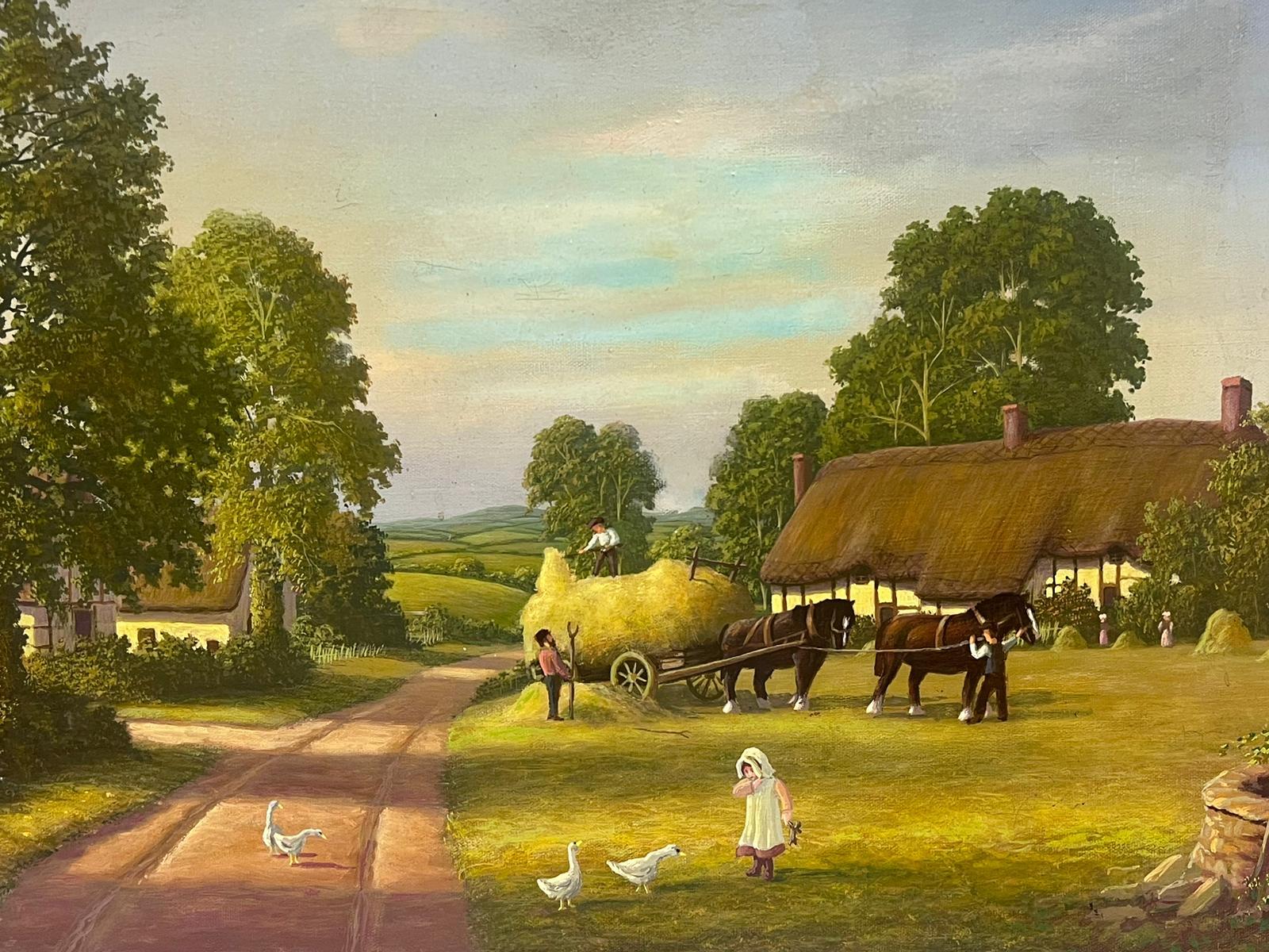 Peinture à l'huile traditionnelle rurale anglaise Vie de village Cheval et charrette et personnages 1