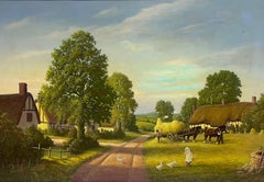 Peinture à l'huile traditionnelle rurale anglaise Vie de village Cheval et charrette et personnages