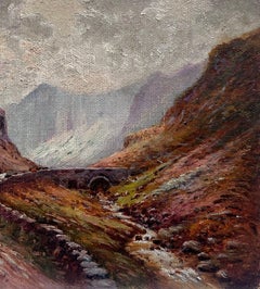 Antique Scottish Highlands Oil Painting Drover with Cattle Mountain Valley Path