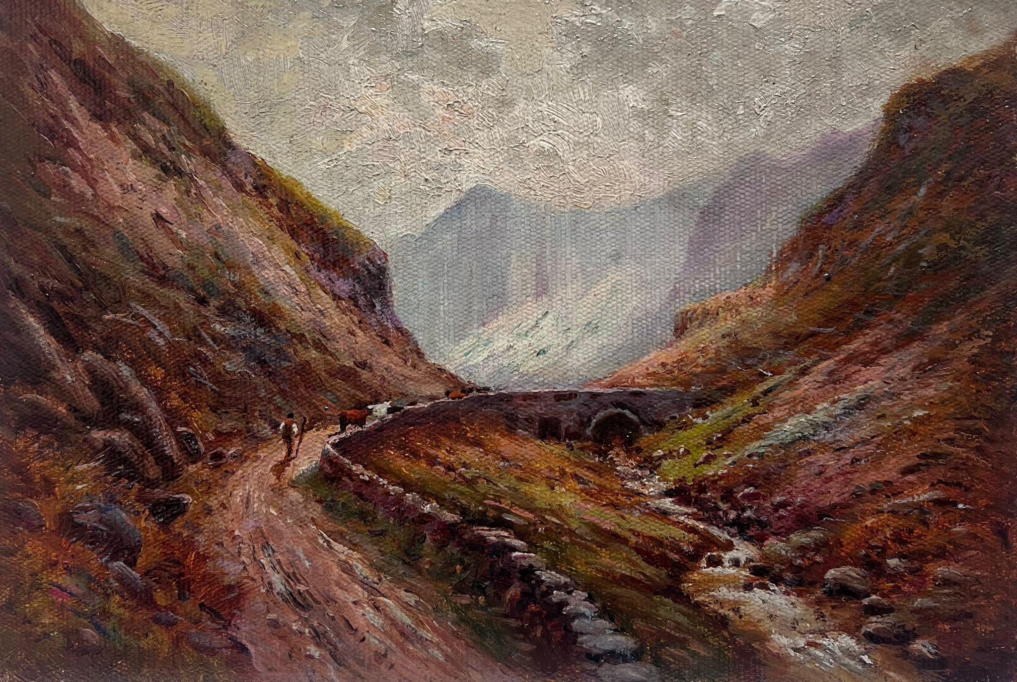 British School  Landscape Painting - Antique Scottish Highlands Oil Painting Drover with Cattle Mountain Valley Path