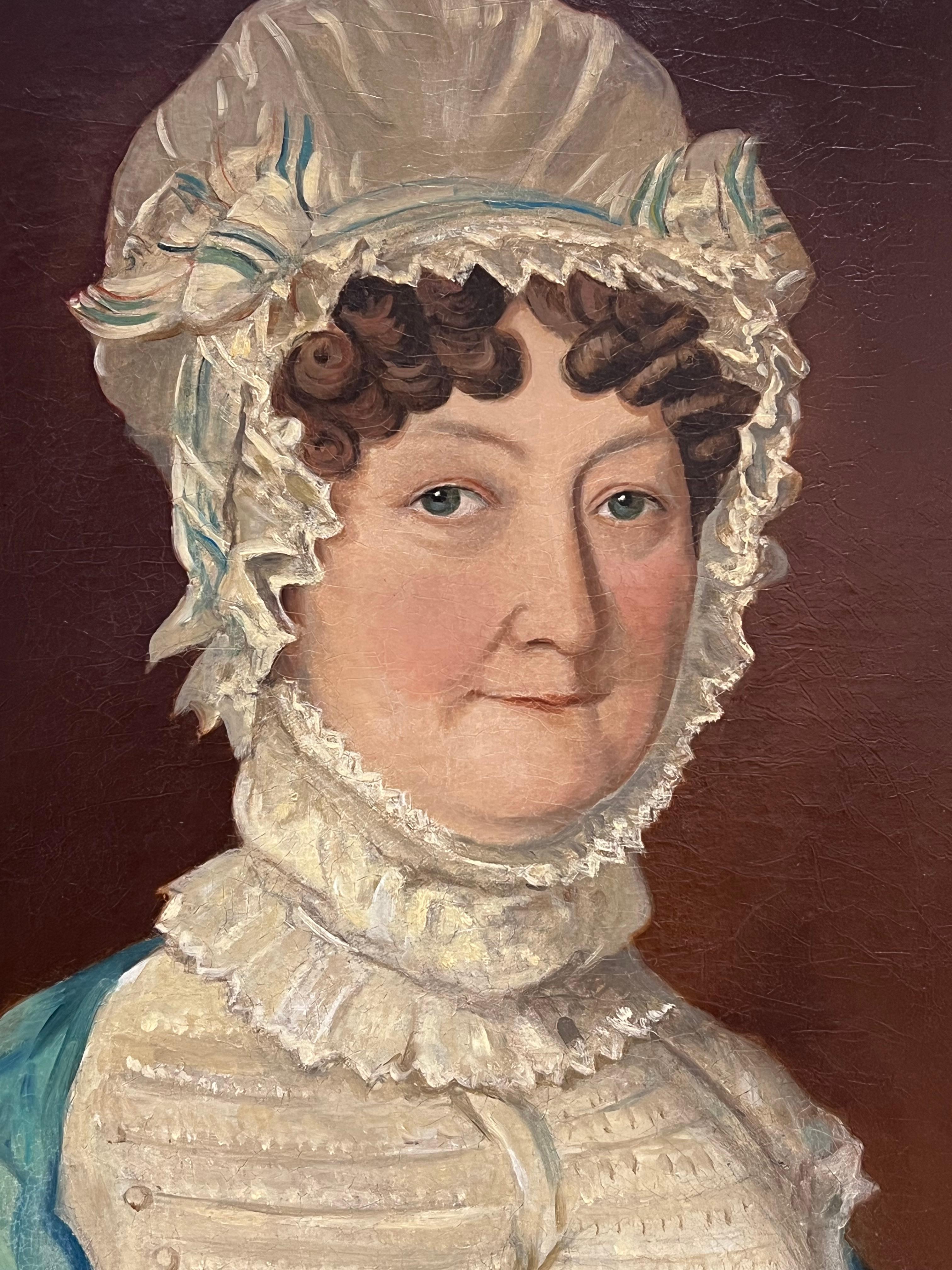 Fine 1800's Georgian English Portrait of Lady in Lace Bonnet Blue Shawl, oil - Painting by British School 