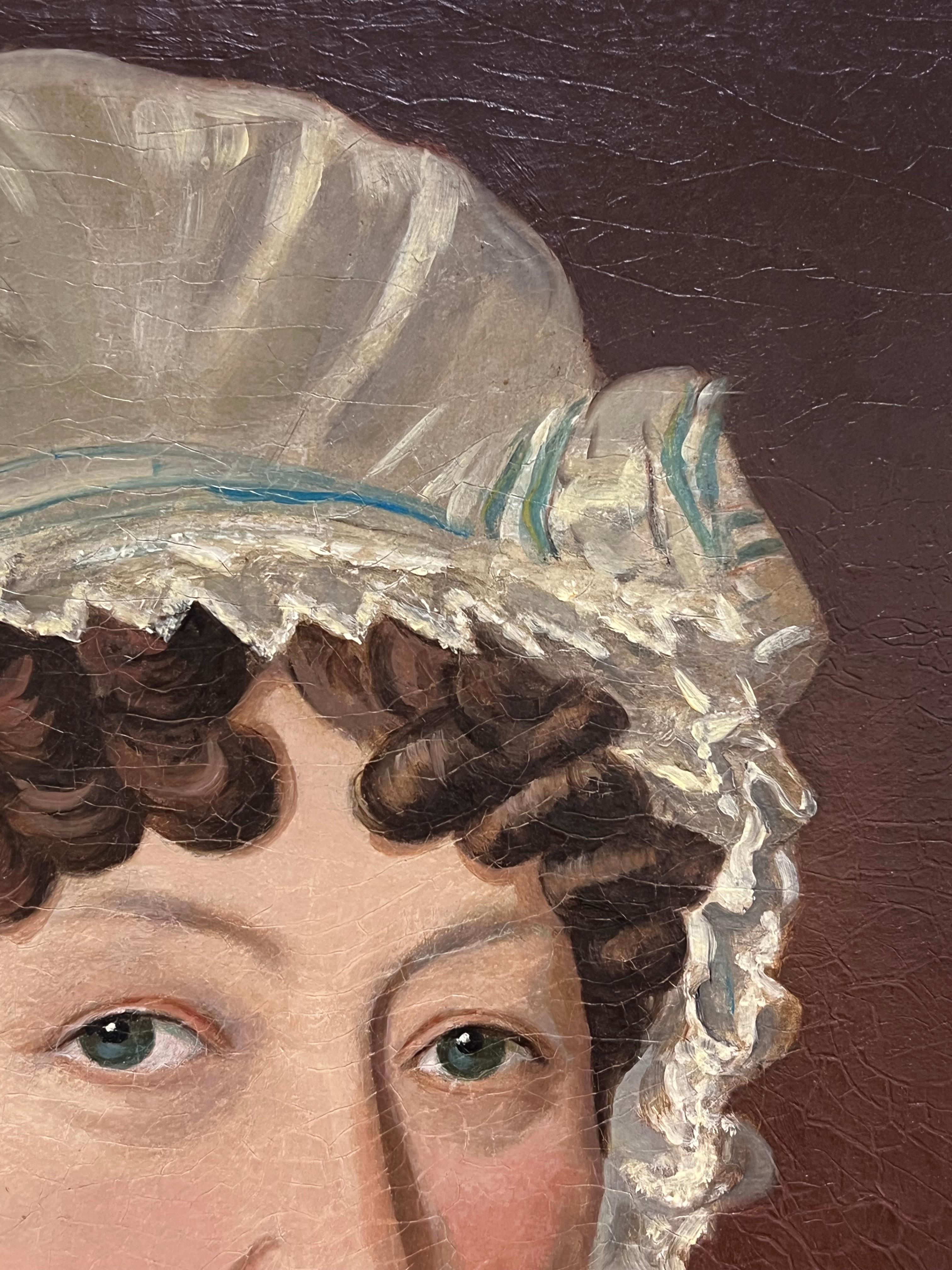 Fine 1800's Georgian English Portrait of Lady in Lace Bonnet Blue Shawl, oil - English School Painting by British School 