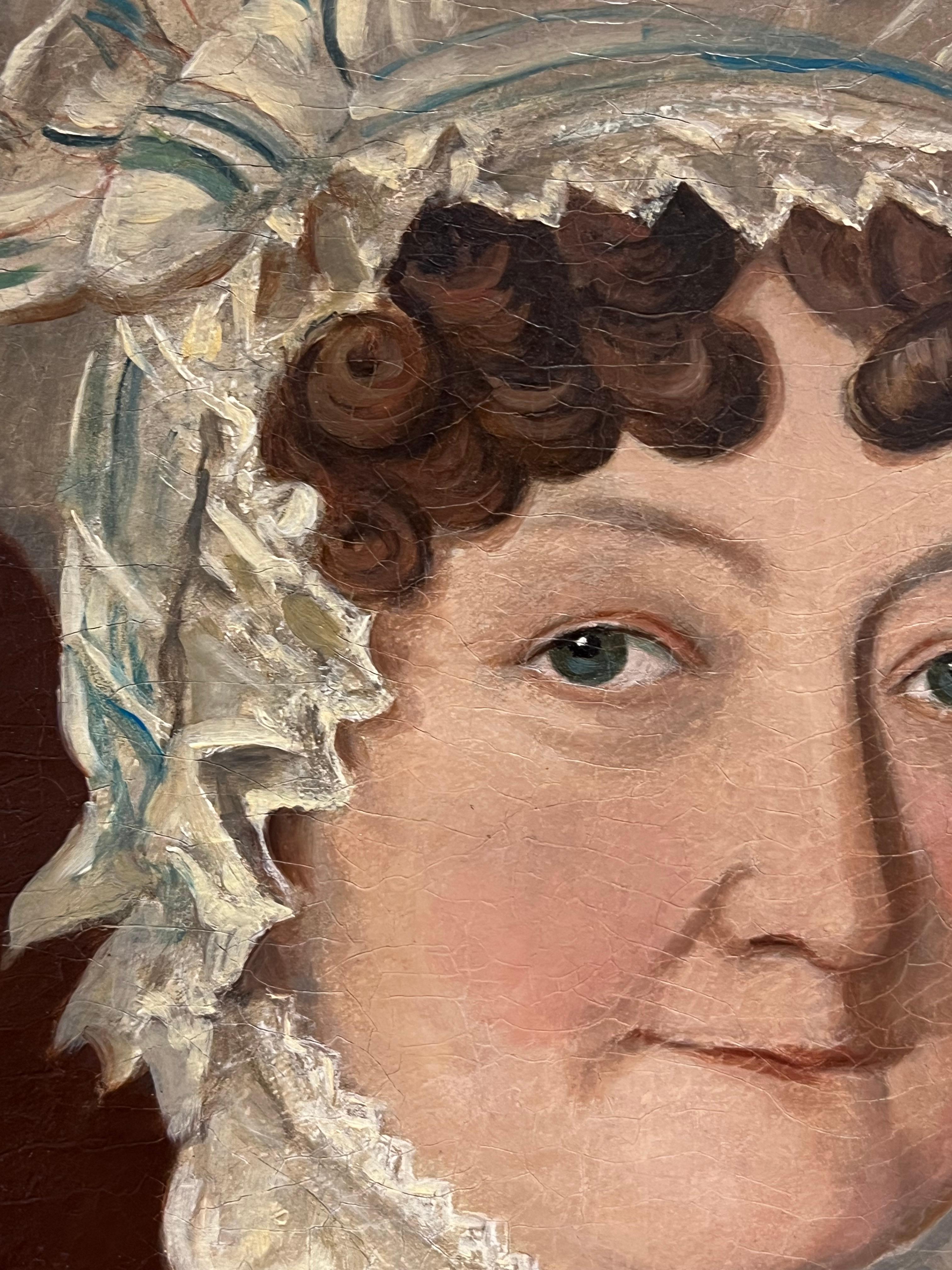 Fine 1800's Georgian English Portrait of Lady in Lace Bonnet Blue Shawl, oil - Brown Portrait Painting by British School 