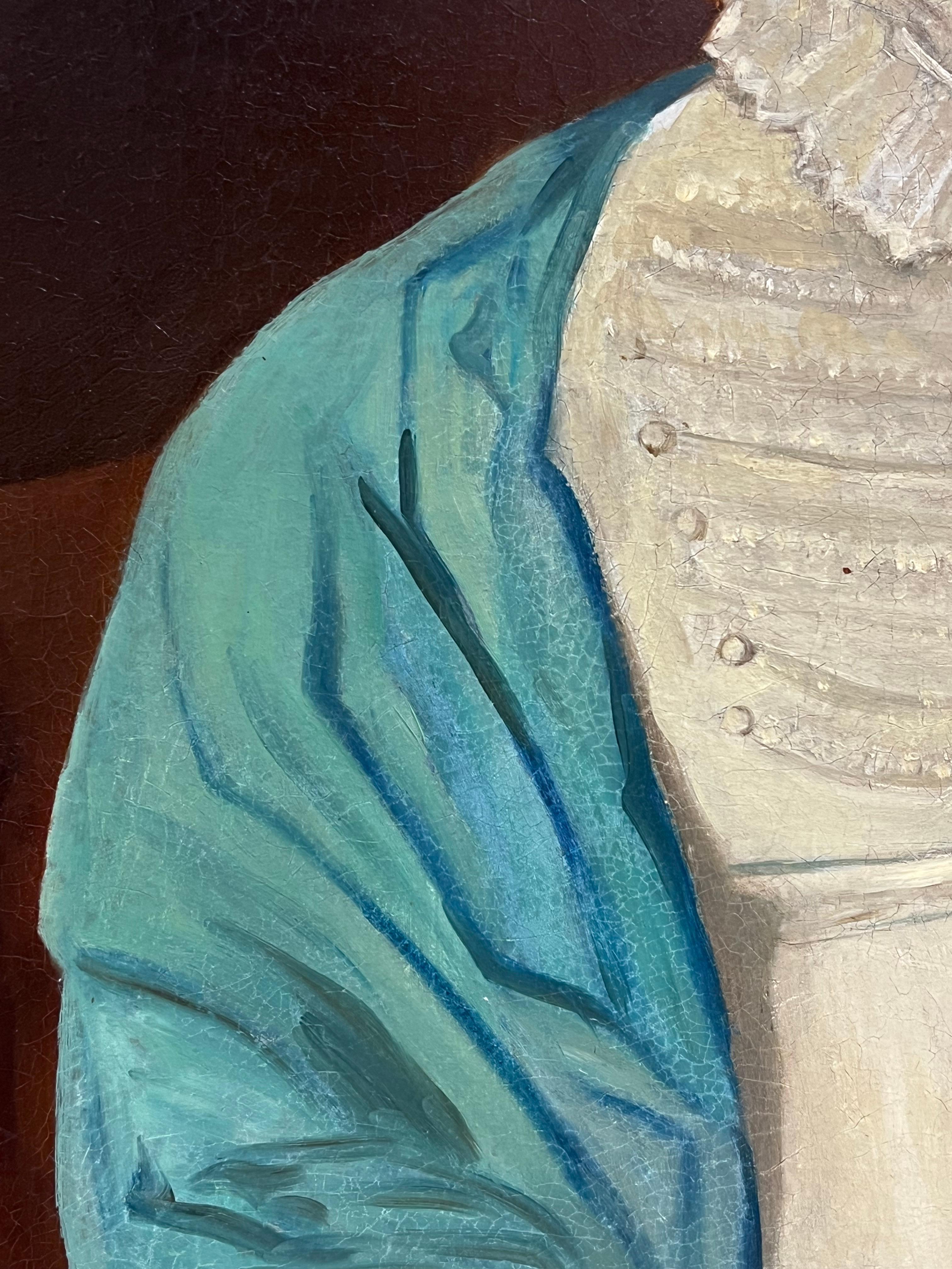Fine 1800's Georgian English Portrait of Lady in Lace Bonnet Blue Shawl, oil For Sale 2