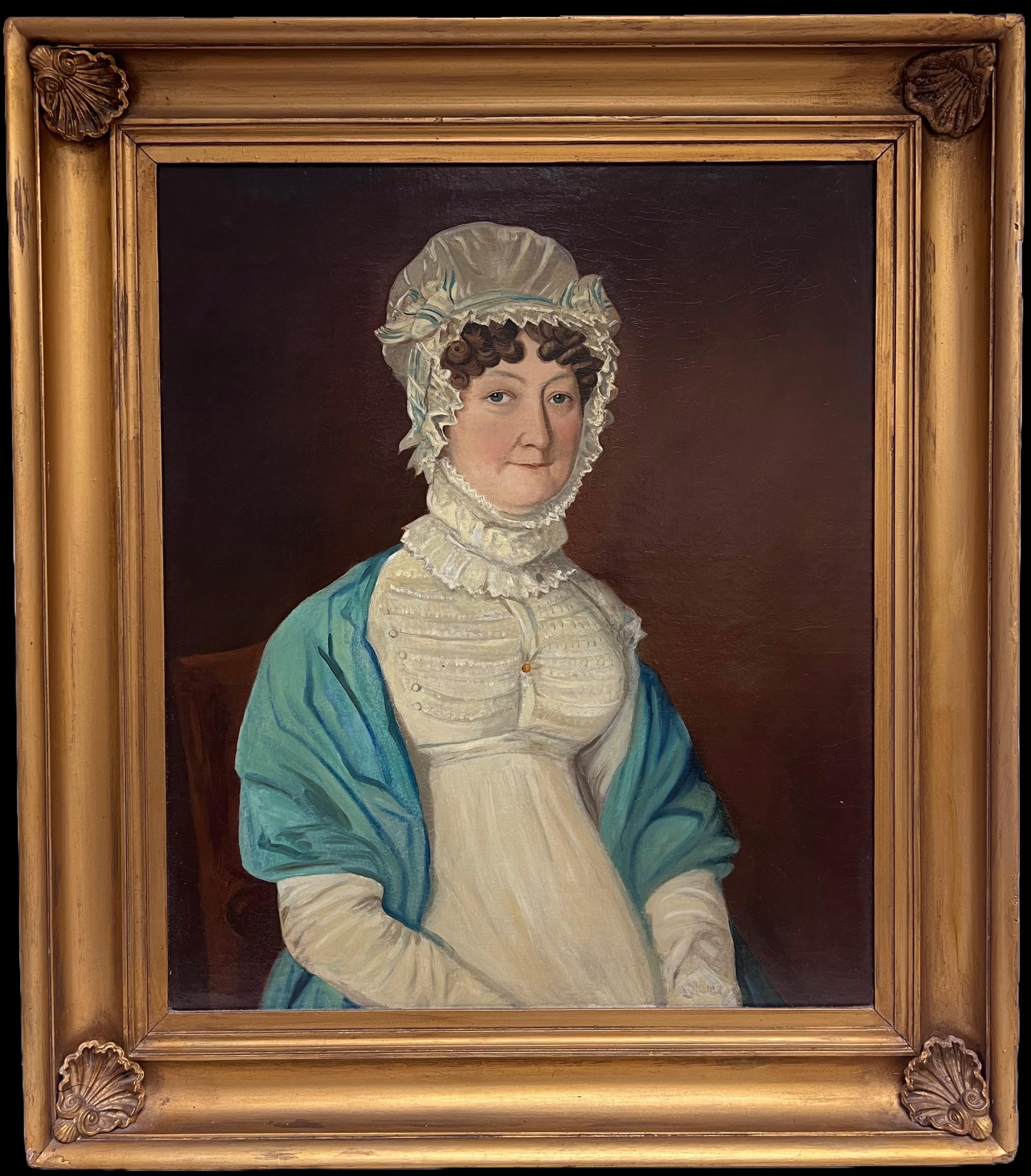 British School  Portrait Painting - Fine 1800's Georgian English Portrait of Lady in Lace Bonnet Blue Shawl, oil