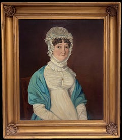 Fine 1800's Georgian English Portrait of Lady in Lace Bonnet Blue Shawl, oil