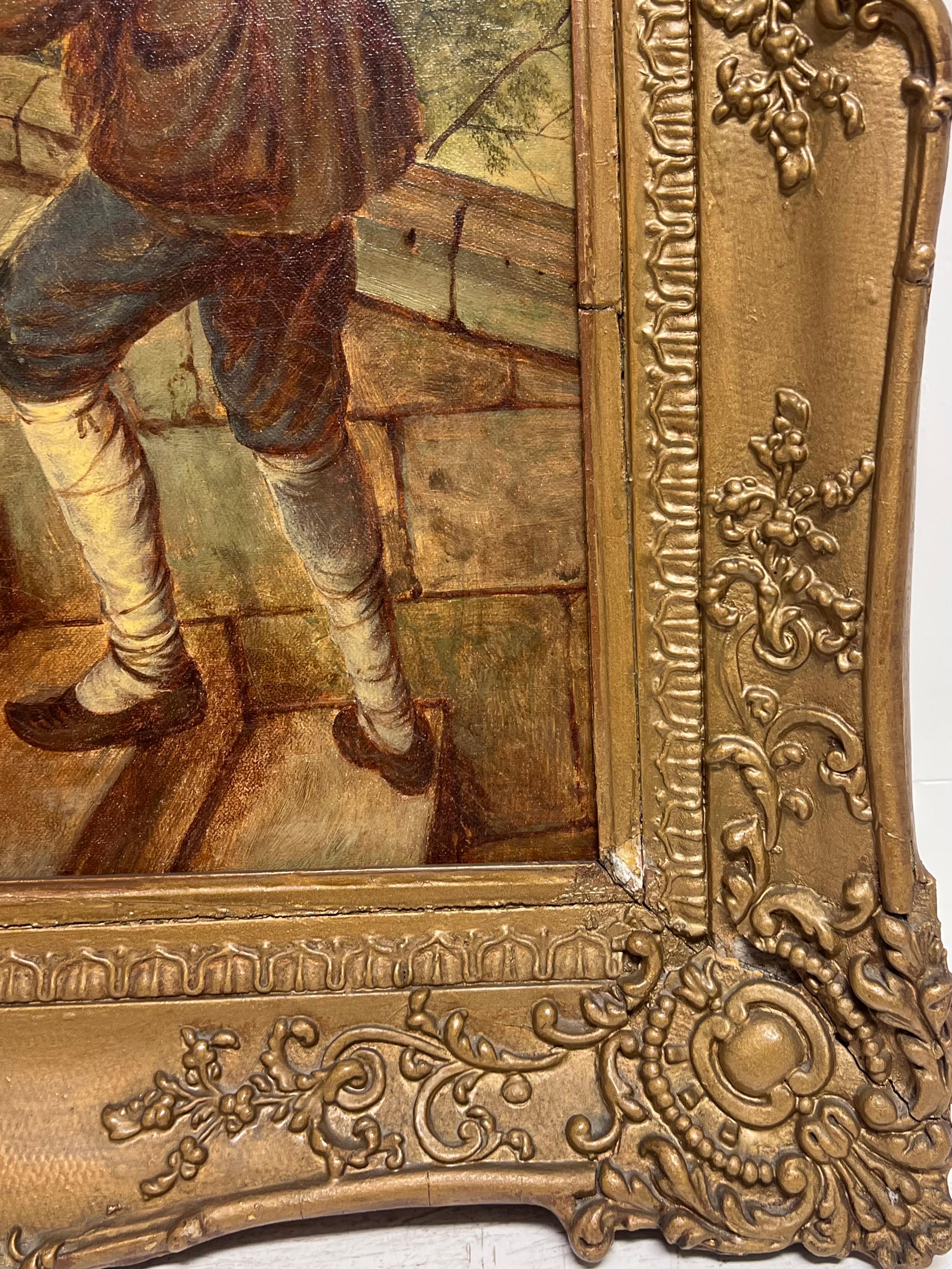 Large 19th Century British Victorian Signed Oil Beggar with Gentry Couple For Sale 6
