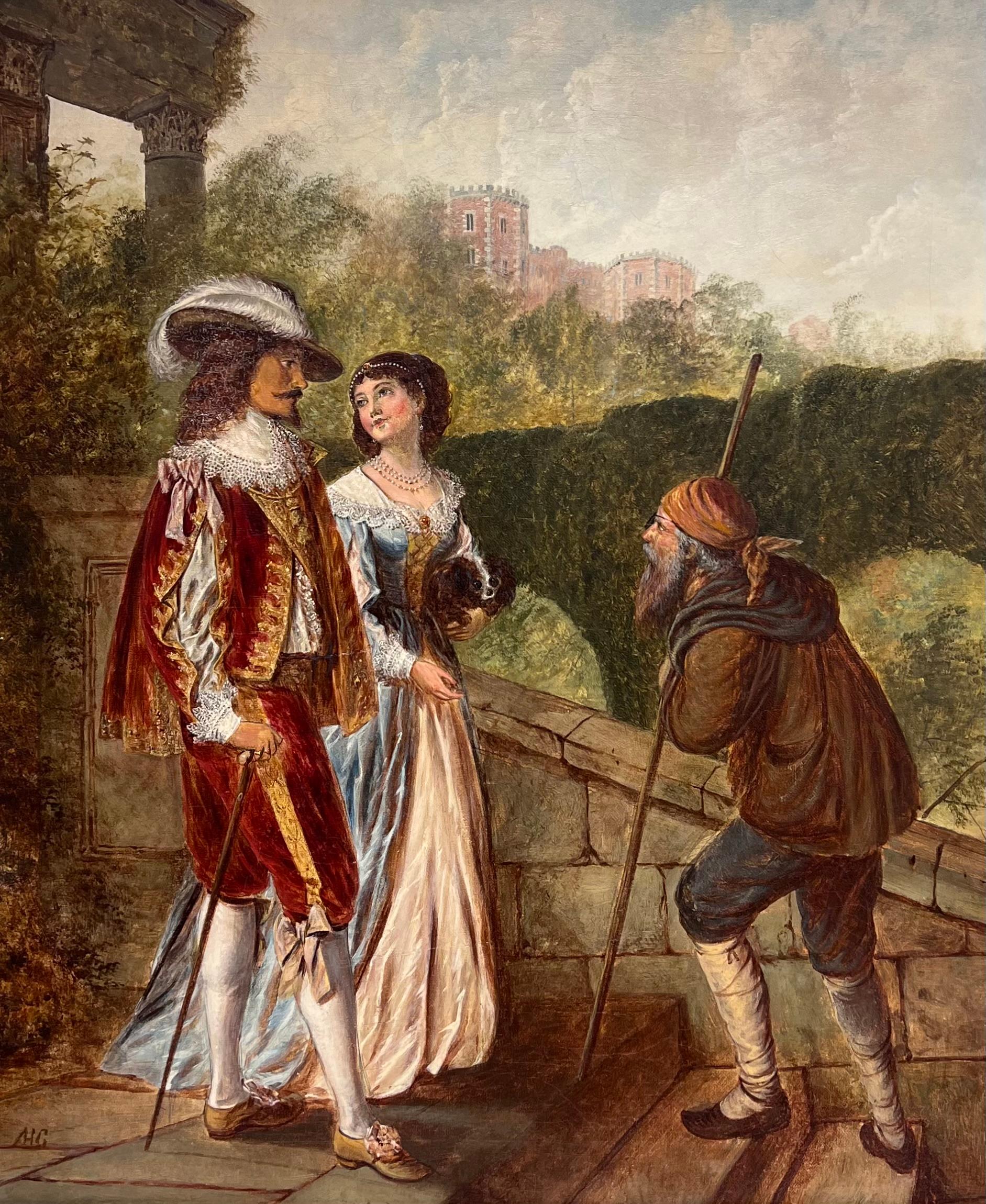Large 19th Century British Victorian Signed Oil Beggar with Gentry Couple - Painting by British School 
