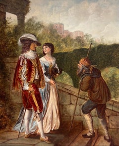 Large 19th Century British Victorian Signed Oil Beggar with Gentry Couple