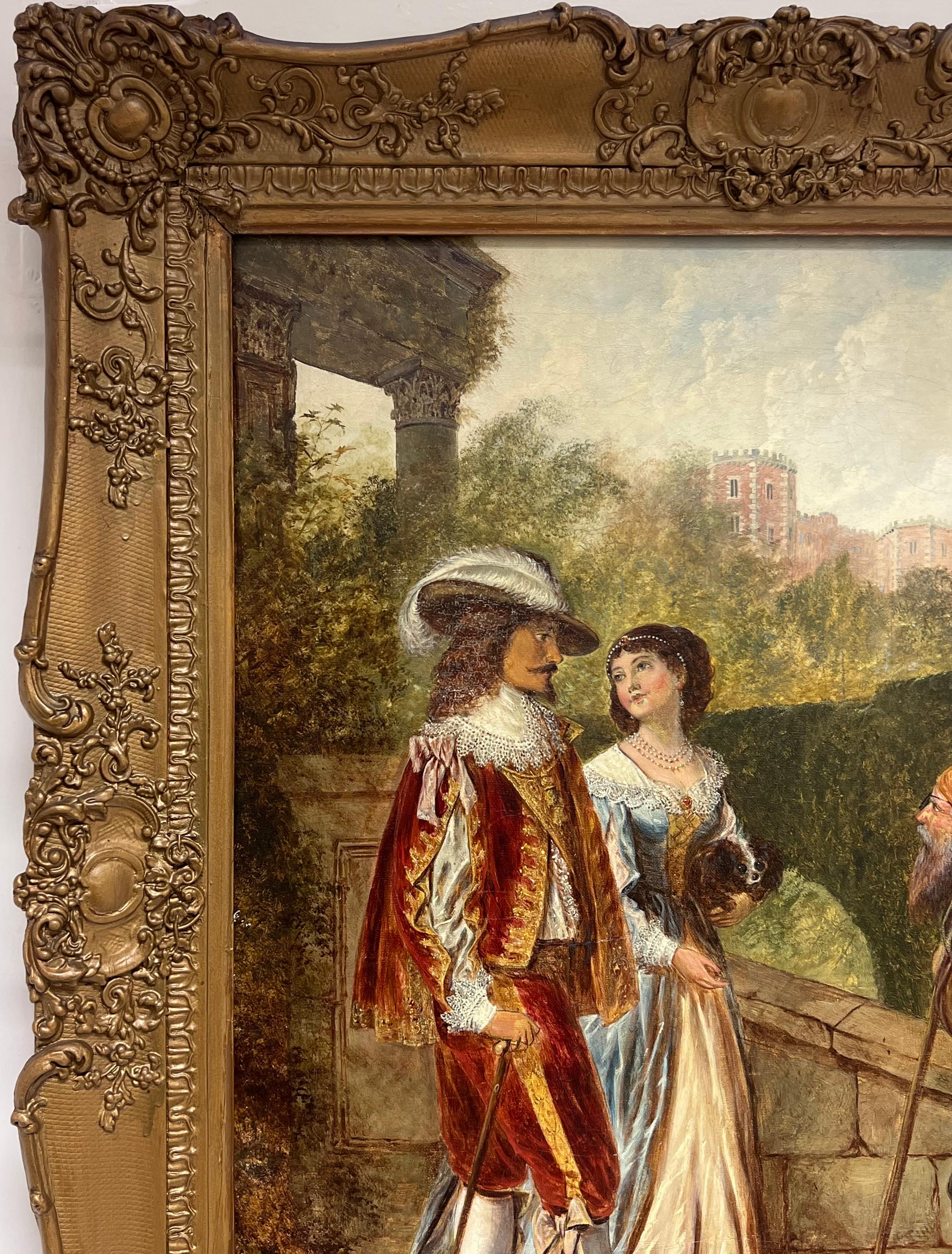 Large 19th Century British Victorian Signed Oil Beggar with Gentry Couple For Sale 1