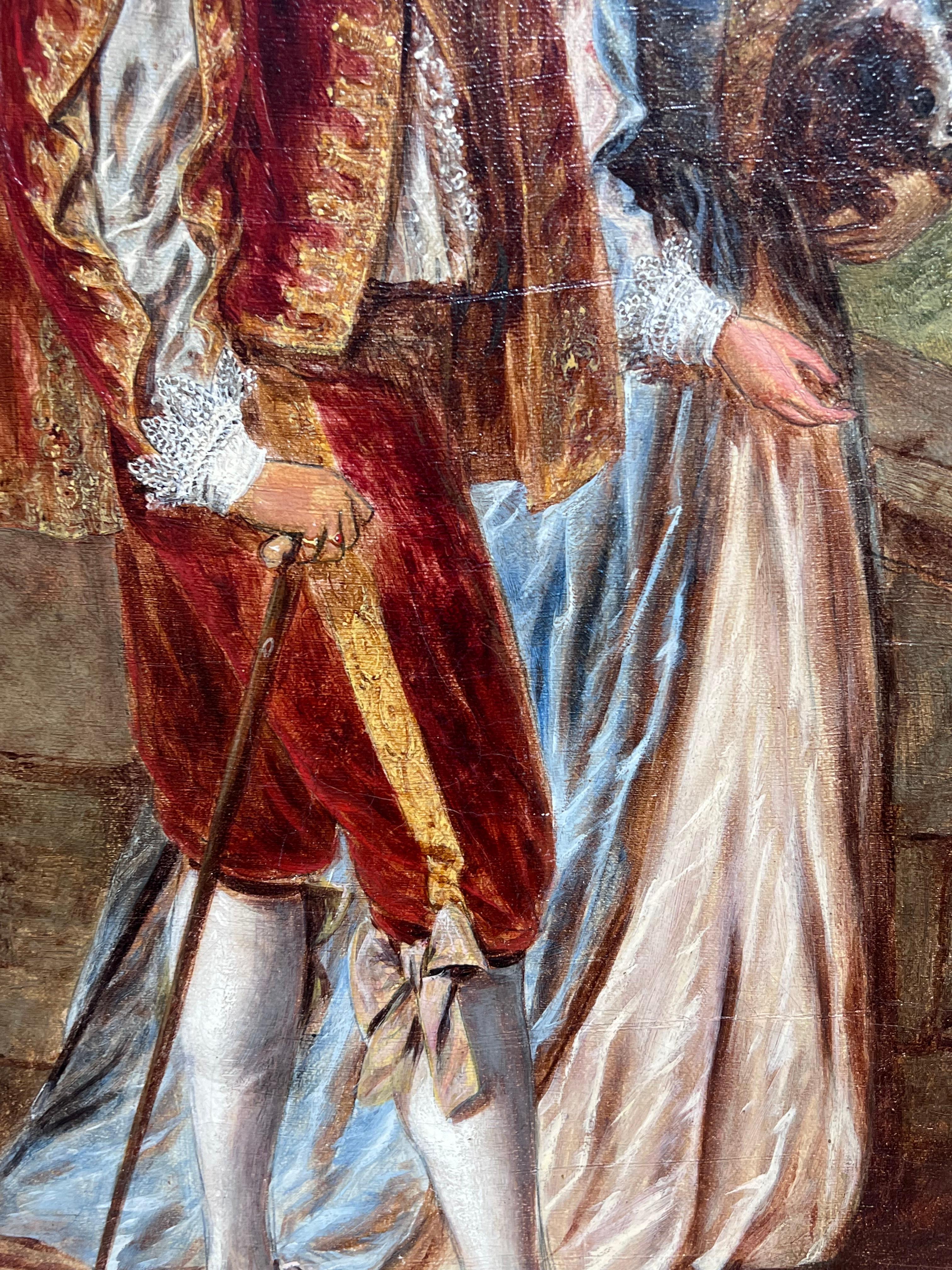 Large 19th Century British Victorian Signed Oil Beggar with Gentry Couple For Sale 2