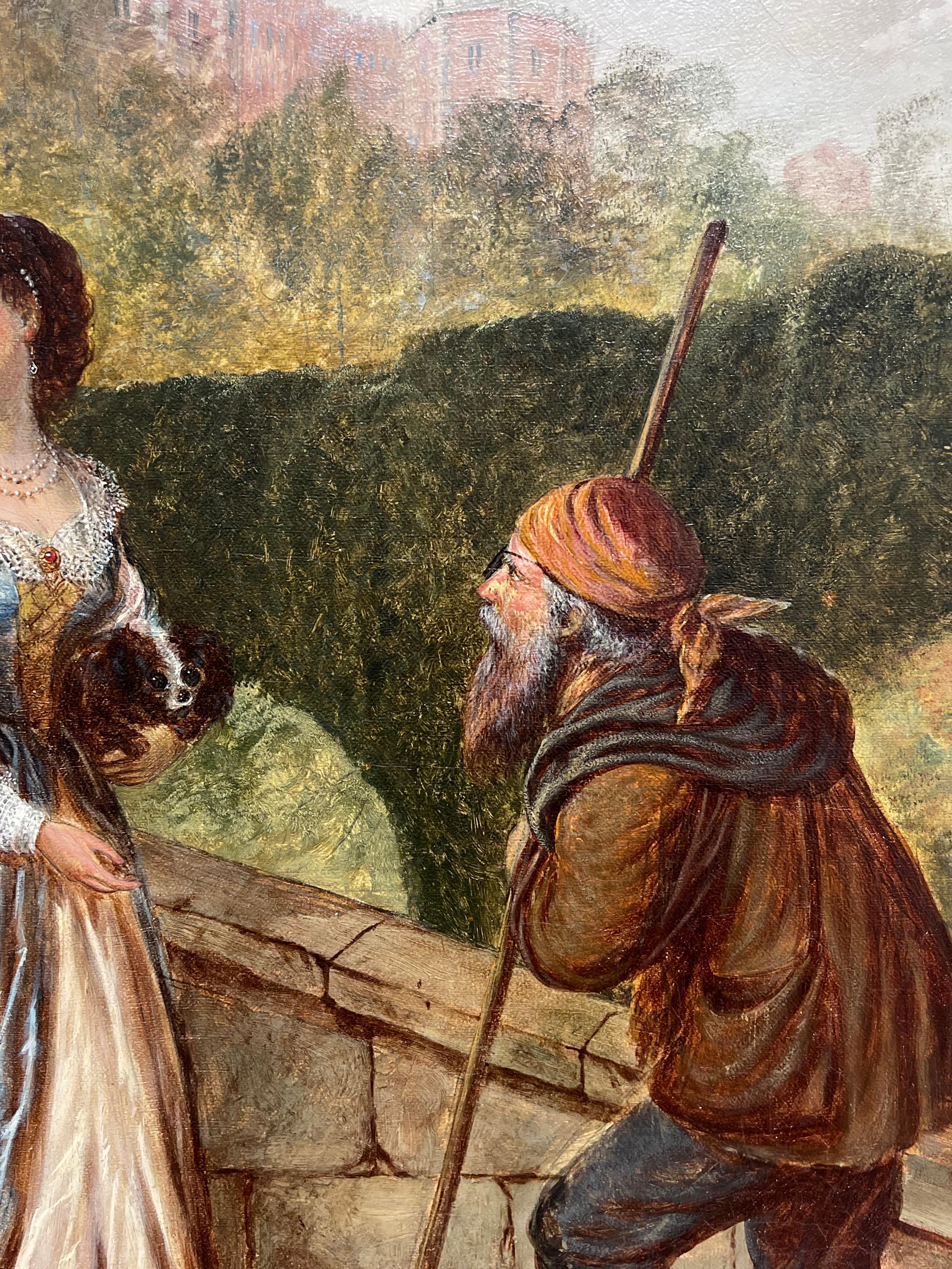 Large 19th Century British Victorian Signed Oil Beggar with Gentry Couple For Sale 4