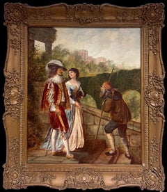 Large 19th Century British Victorian Signed Oil Beggar with Gentry Couple