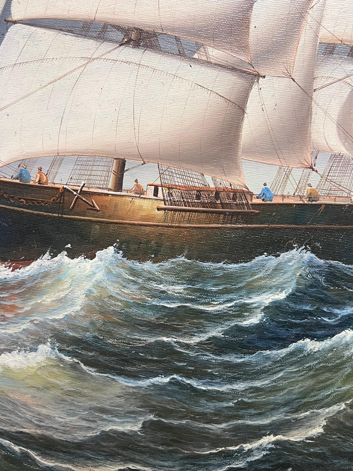 Grande dipinto a olio di Marin Classico Nave alta che naviga in mare Dorato Incorniciato 6