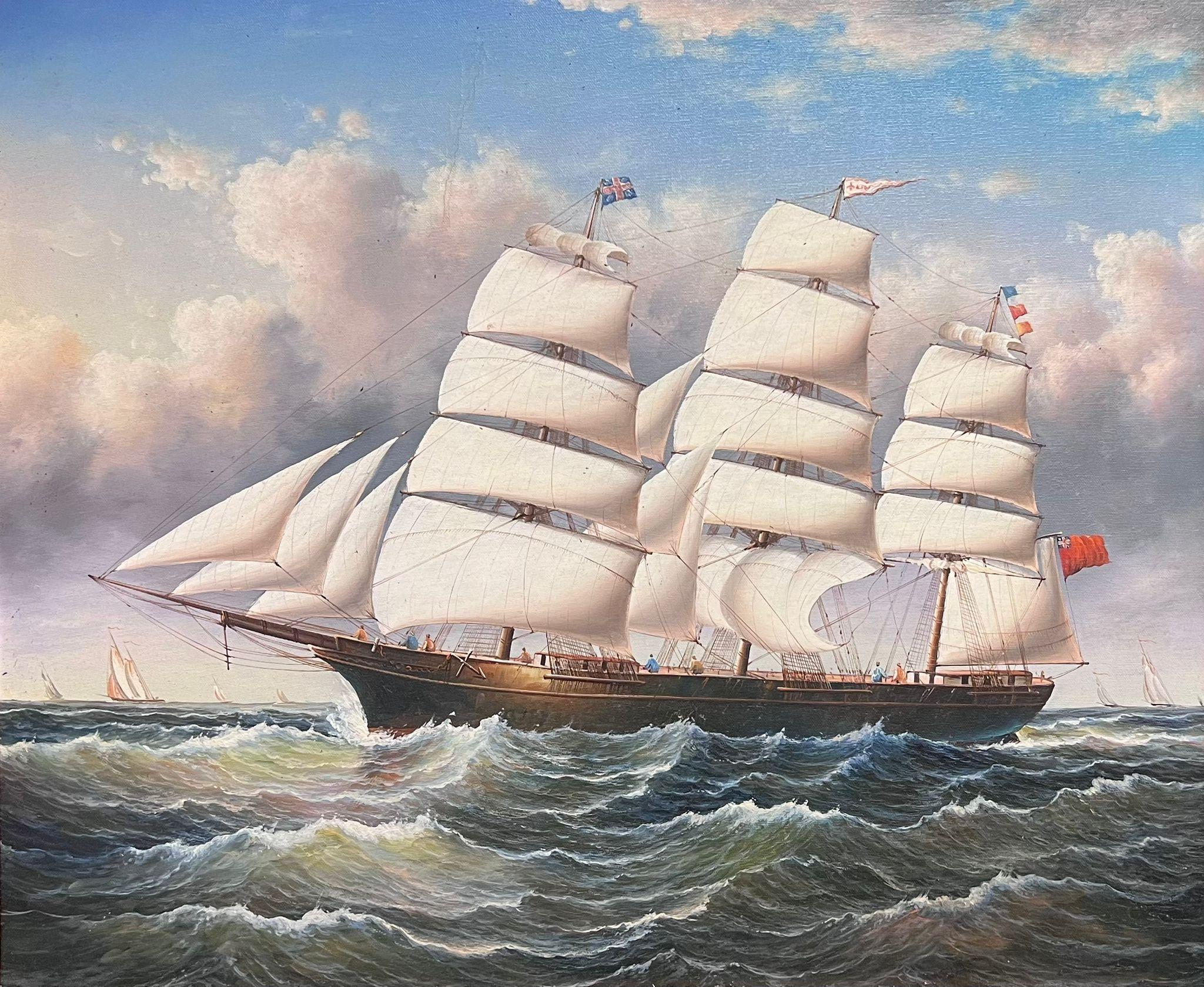 Grande dipinto a olio di Marin Classico Nave alta che naviga in mare Dorato Incorniciato - Painting di British School 