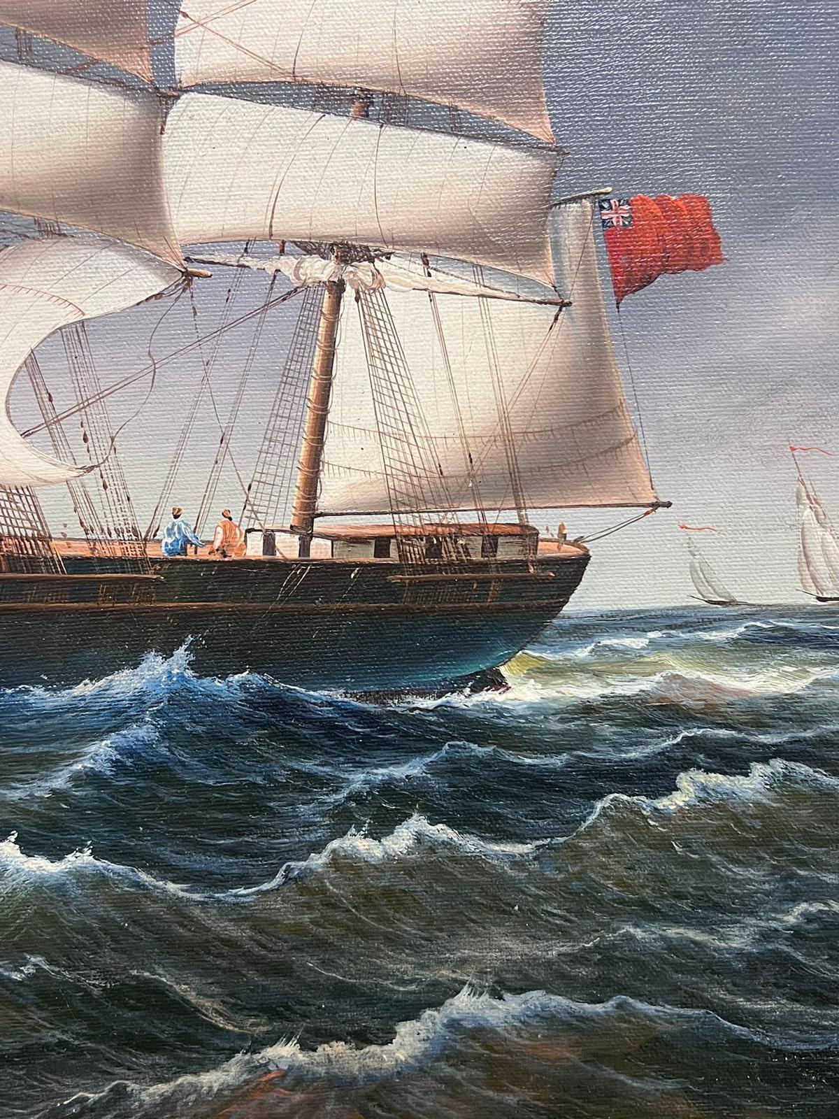 Grande dipinto a olio di Marin Classico Nave alta che naviga in mare Dorato Incorniciato - Figurative Painting Marrone di British School 