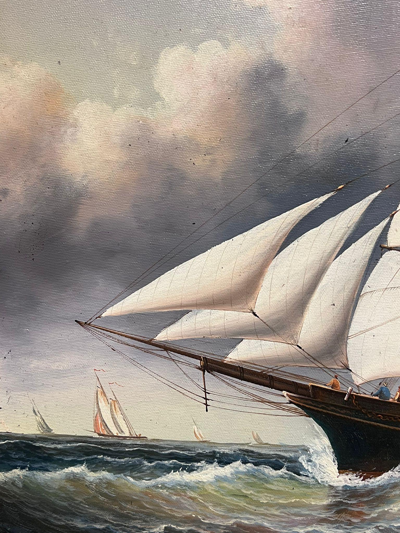 Grande dipinto a olio di Marin Classico Nave alta che naviga in mare Dorato Incorniciato 2