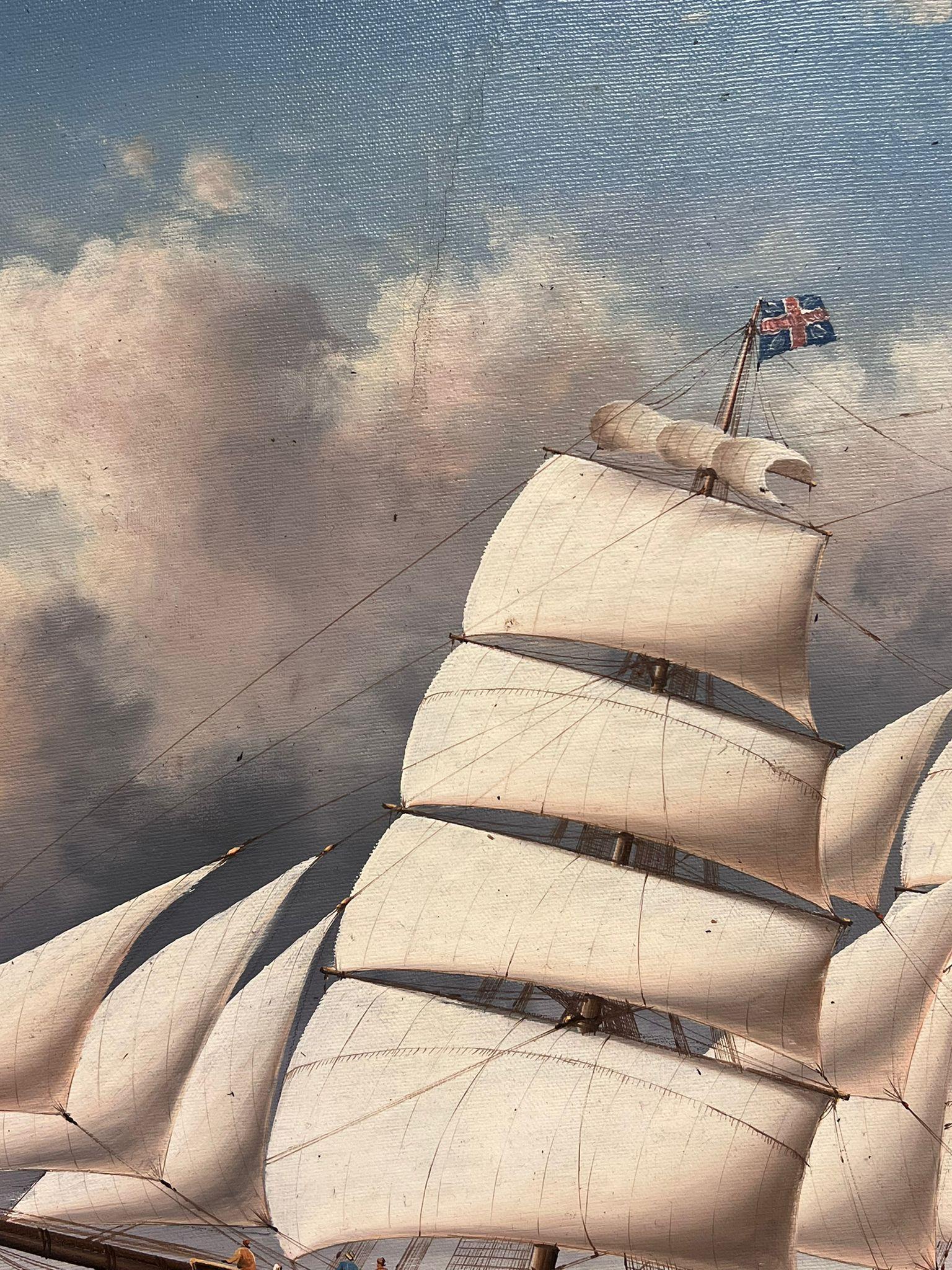 Grande dipinto a olio di Marin Classico Nave alta che naviga in mare Dorato Incorniciato 3