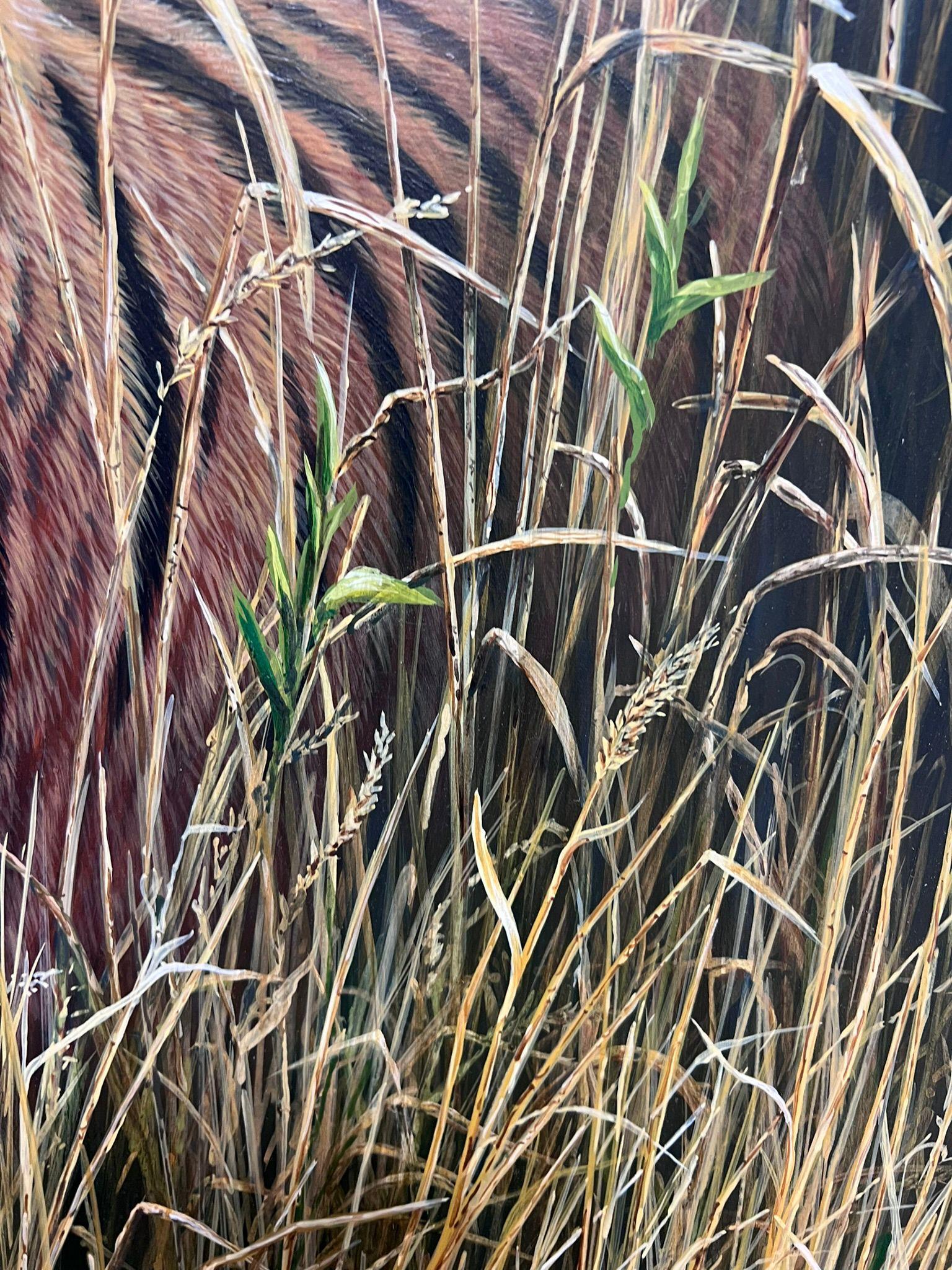 Majestic Tigre Erba Alta Realistica Fauna Selvatica Britannica Pittura ad Olio Cornice Ornata in vendita 5