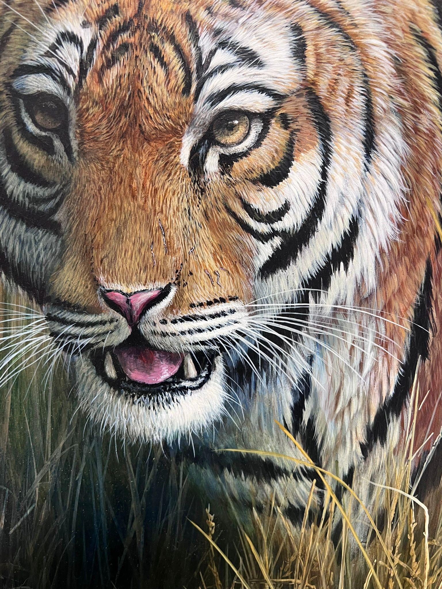 Majestic Tigre Erba Alta Realistica Fauna Selvatica Britannica Pittura ad Olio Cornice Ornata in vendita 6