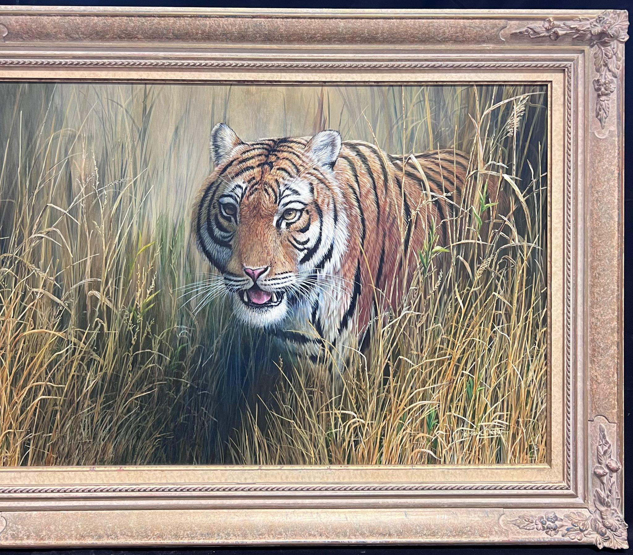 Majestic Tigre Erba Alta Realistica Fauna Selvatica Britannica Pittura ad Olio Cornice Ornata - Painting Realismo di British School 