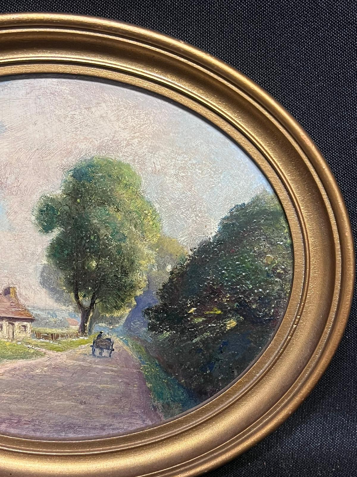 Oval Antique British Oil Painting Village Lane Cottage with Figure Gilt Frame For Sale 1