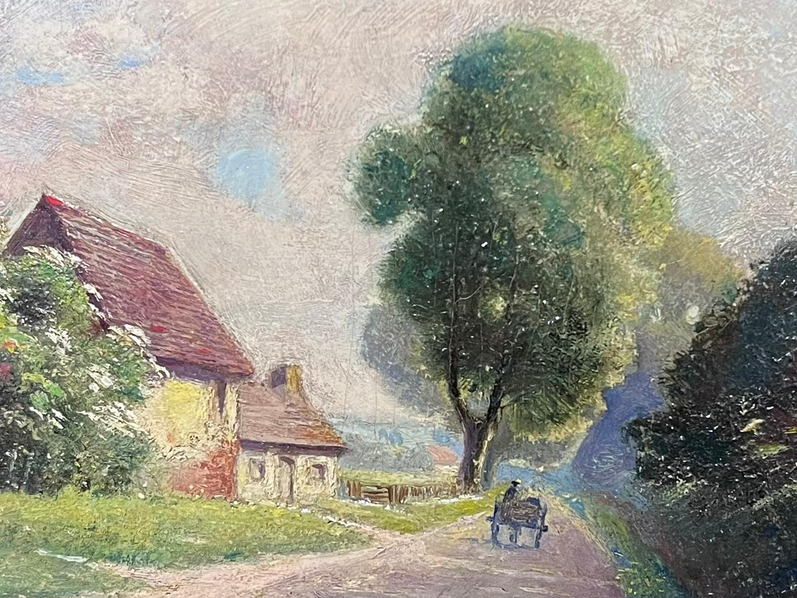 Oval Antique British Oil Painting Village Lane Cottage with Figure Gilt Frame For Sale 2