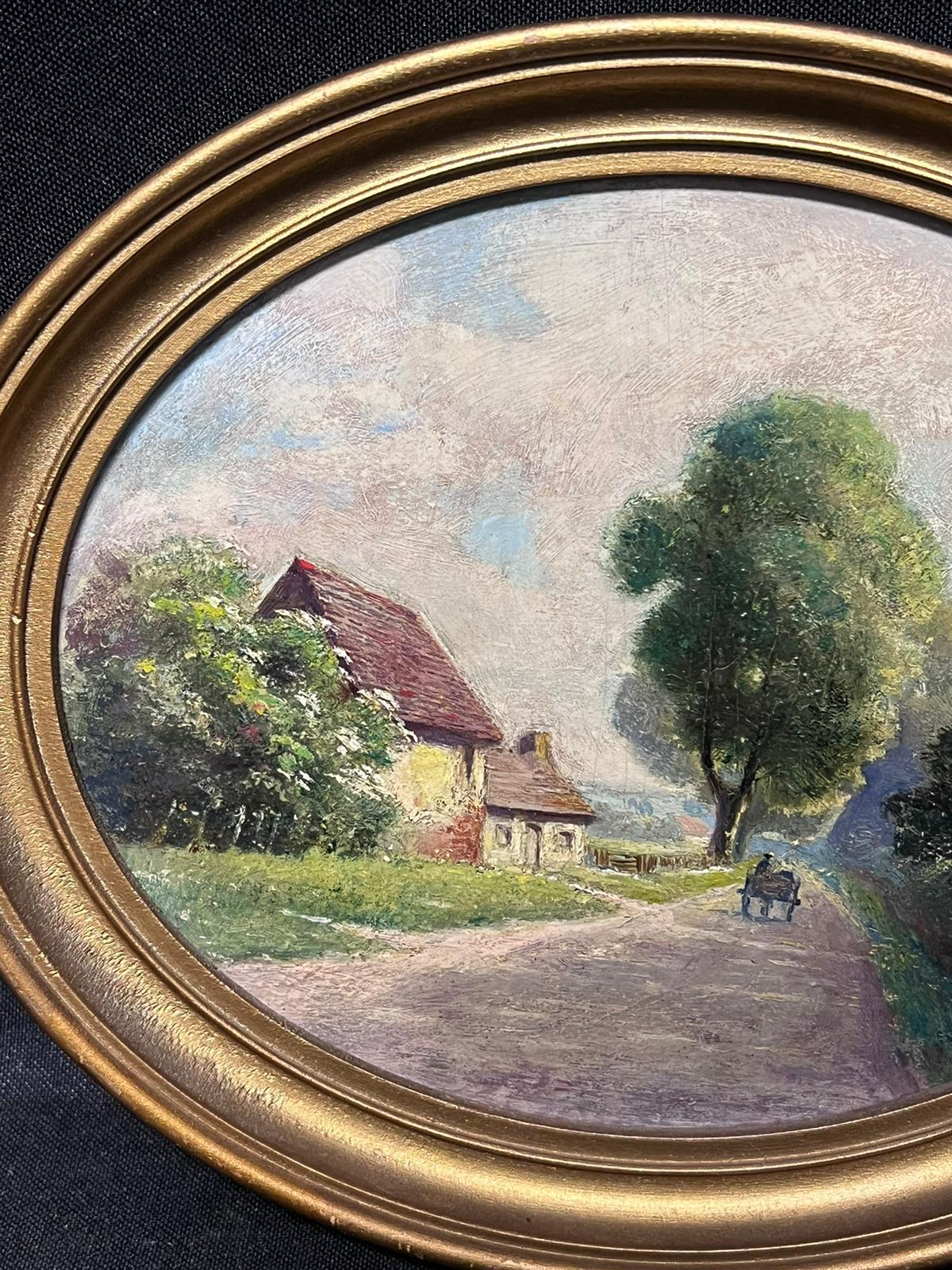 Oval Antique British Oil Painting Village Lane Cottage with Figure Gilt Frame For Sale 3