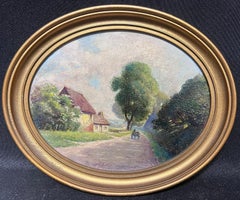 Peinture à l'huile britannique ancienne de village Lane Cottage avec cadre doré représentant une figure