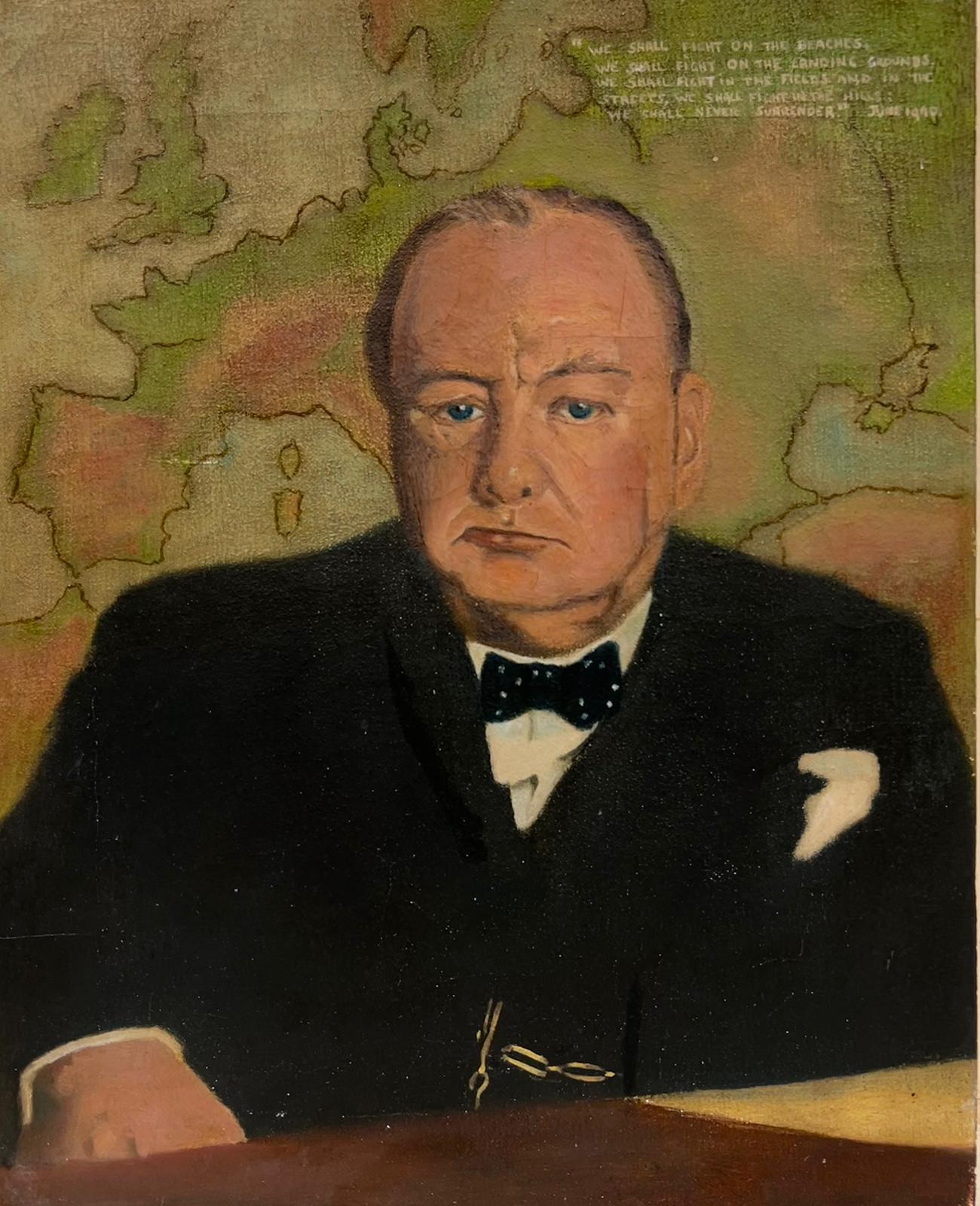 British School  Portrait Painting - Portrait of Winston Churchill Original Oil Painting We Shall Fight on Beaches