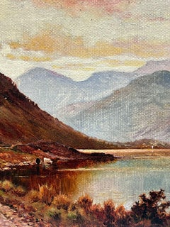 Scottish Highlands Loch Scene at Sunset Cattle Watering Signed Antique Oil