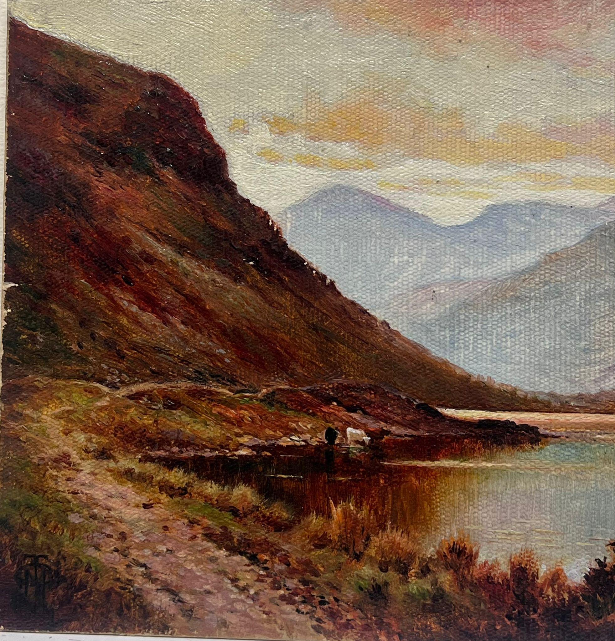 Scottish Highlands Loch Scene at Sunset Cattle Watering Signed Antique Oil  - Brown Landscape Painting by British School 