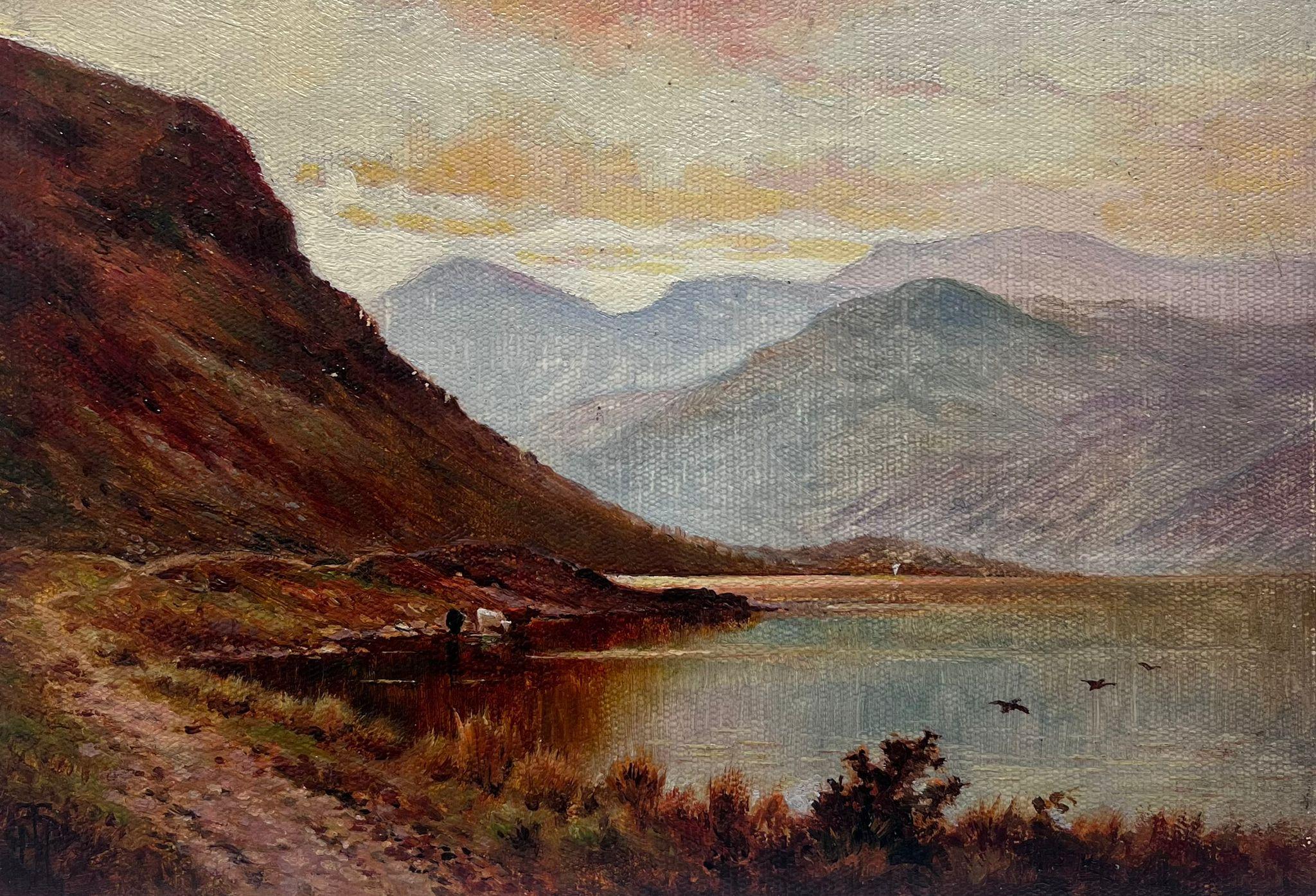 El cierre del día
Highland Loch escocés al atardecer con ganado abrevando
Escuela Británica, principios del siglo XX
iniciales firmadas esquina inferior izquierda
óleo sobre tabla, sin enmarcar
tablero: 7 x 10 pulgadas
procedencia: colección