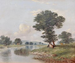 Pastoral tranquila a orillas del río Vacas pastando Pintura antigua del siglo XIX Nottinghamshire