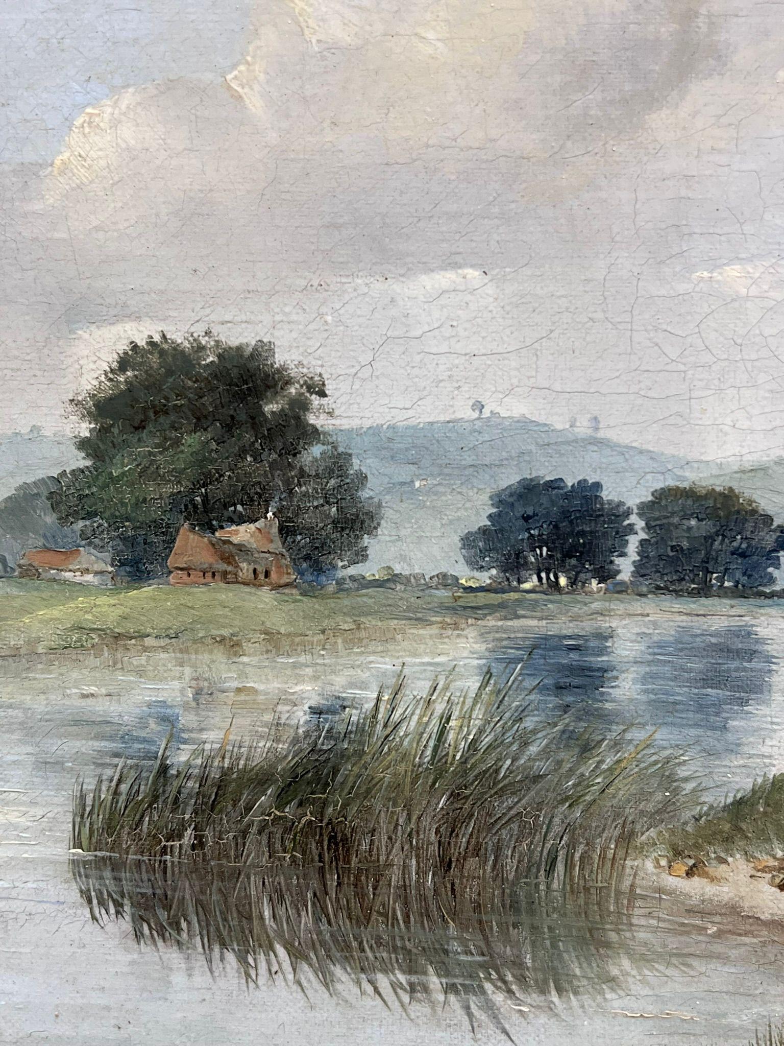 Tranquilla pastorale sulla riva del fiume con mucche al pascolo Pittura antica del XIX secolo Nottinghamshire in vendita 2