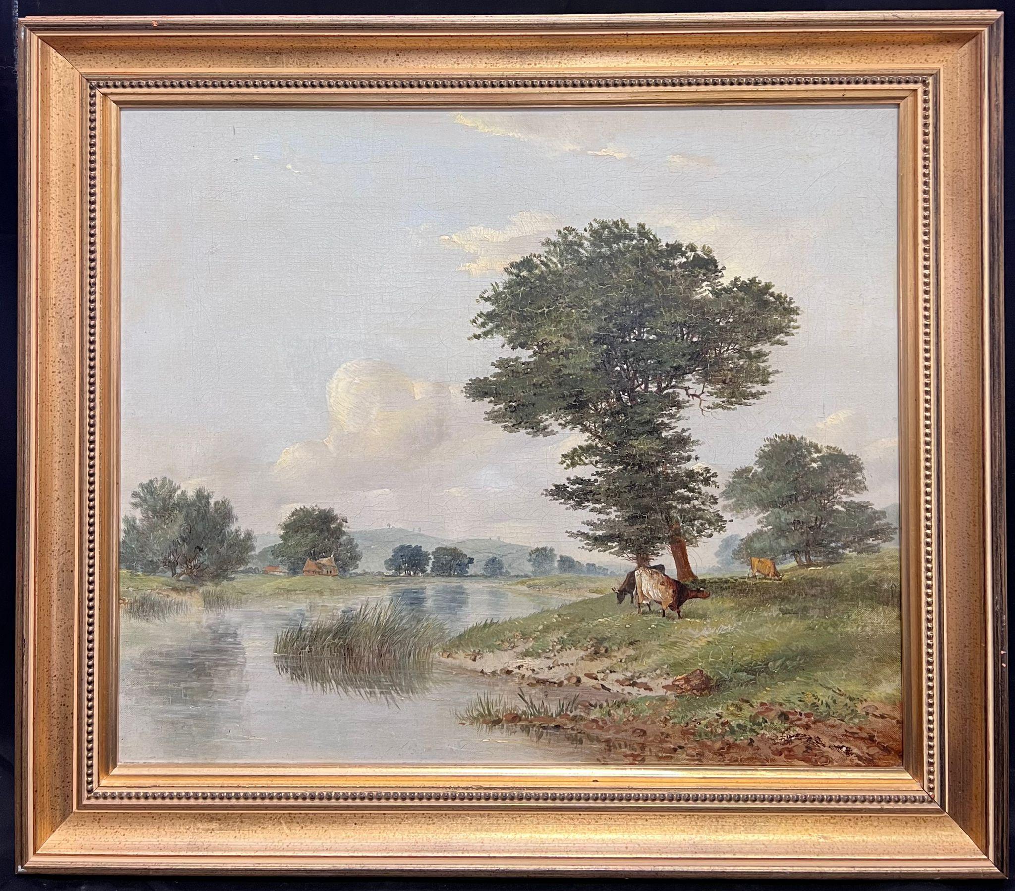 Animal Painting di British School  - Tranquilla pastorale sulla riva del fiume con mucche al pascolo Pittura antica del XIX secolo Nottinghamshire